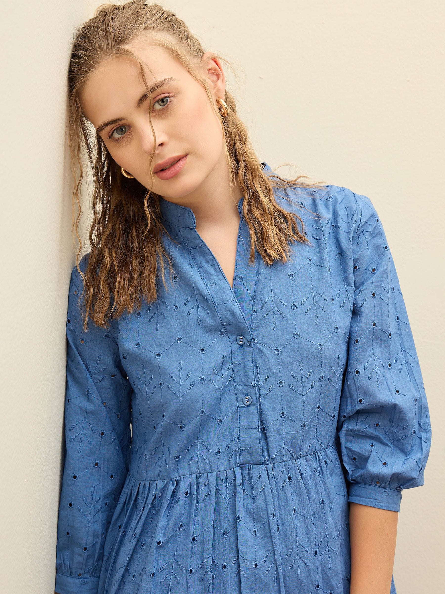 Blue Schiffli Mandarin Collar Short Dress-SASSAFRAS