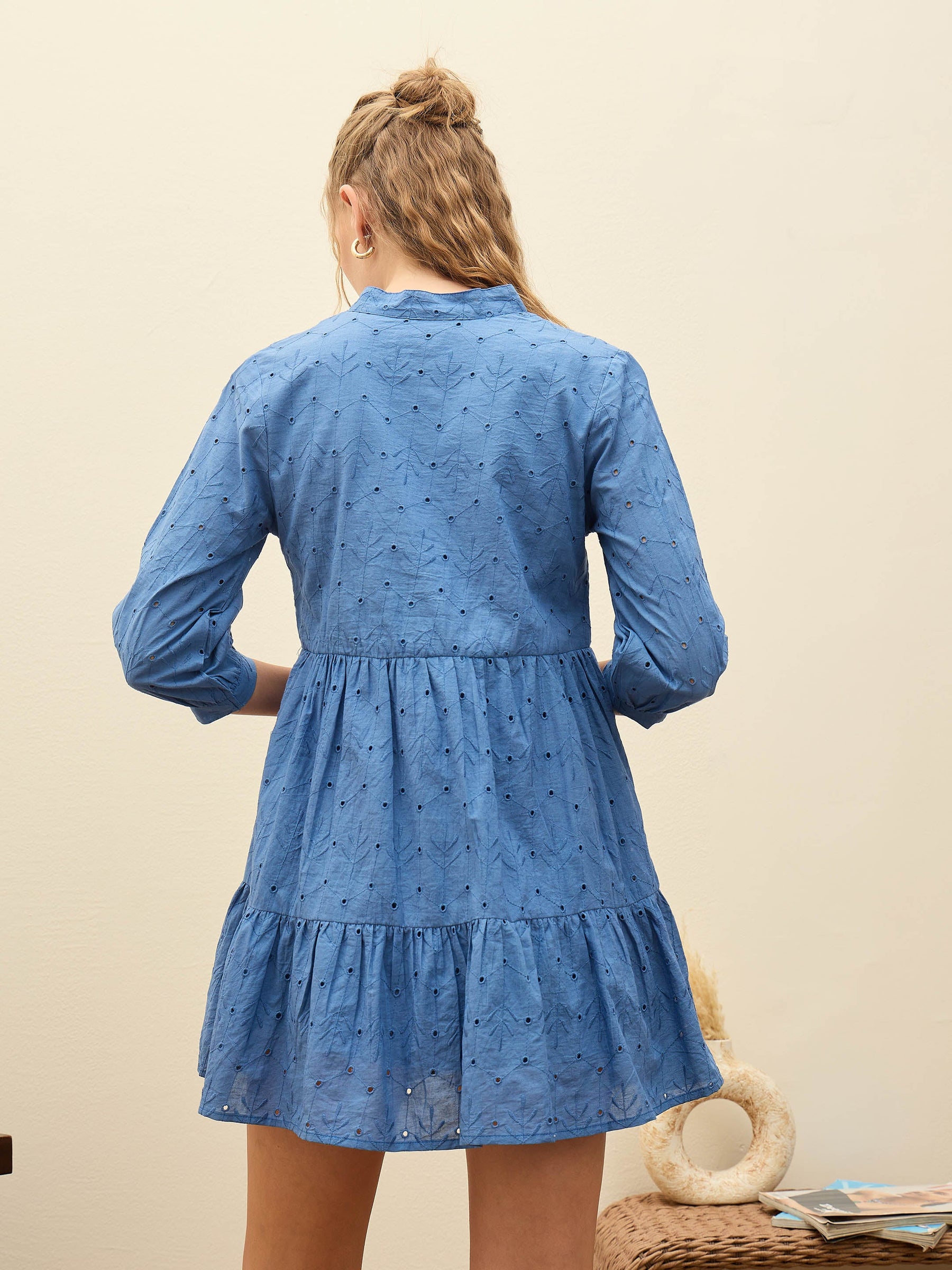 Blue Schiffli Mandarin Collar Short Dress-SASSAFRAS
