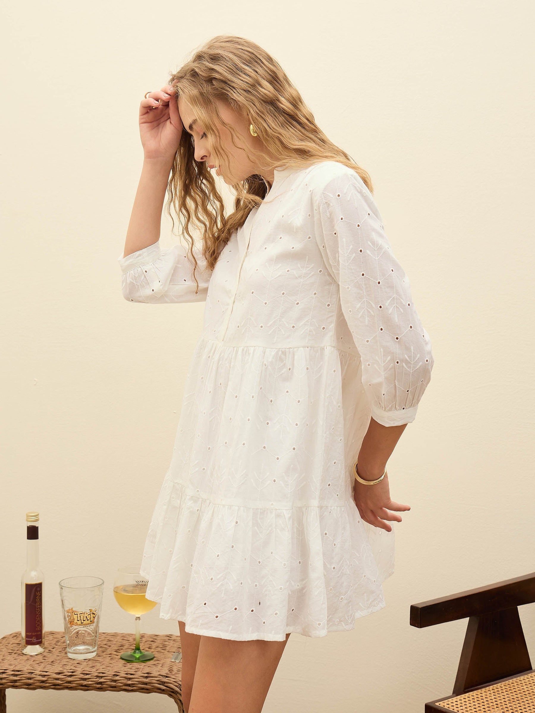 White Schiffli Mandarin Collar Short Dress-SASSAFRAS