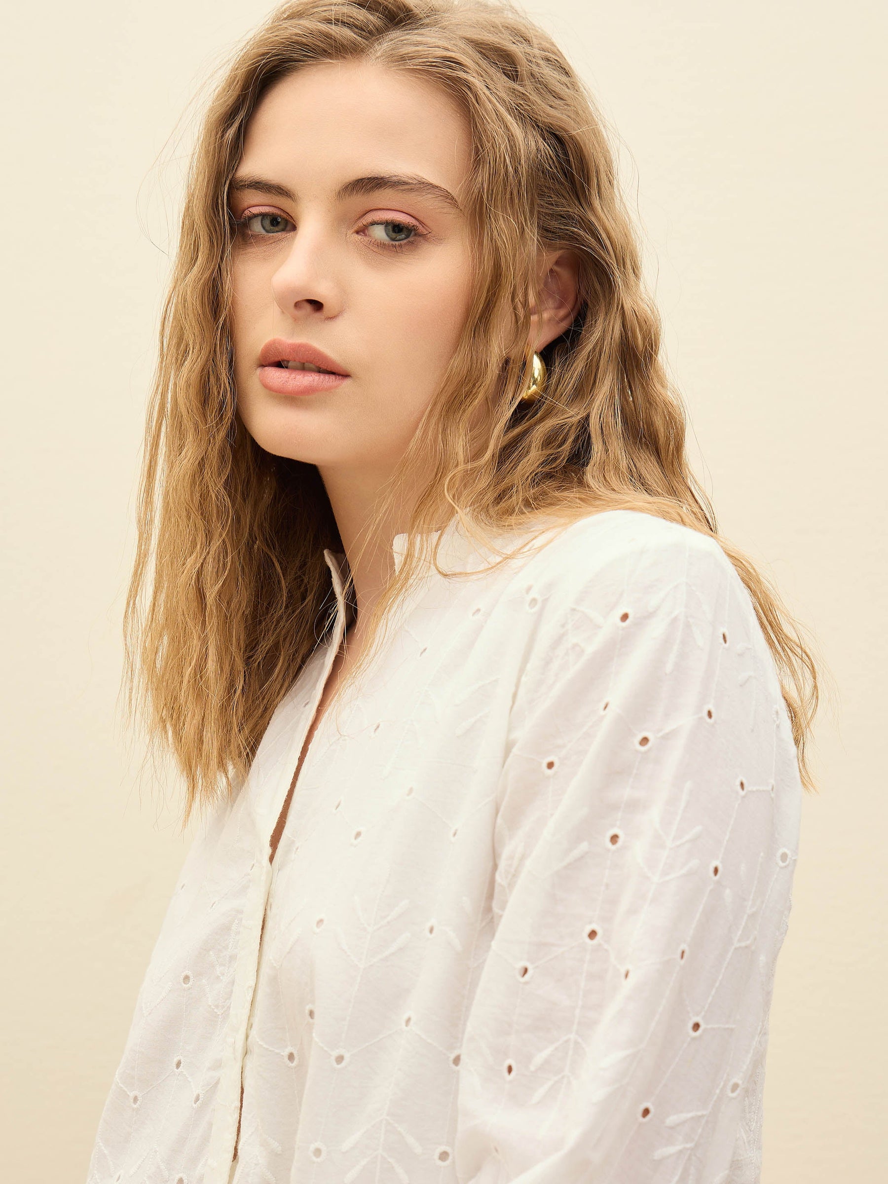 White Schiffli Mandarin Collar Short Dress-SASSAFRAS