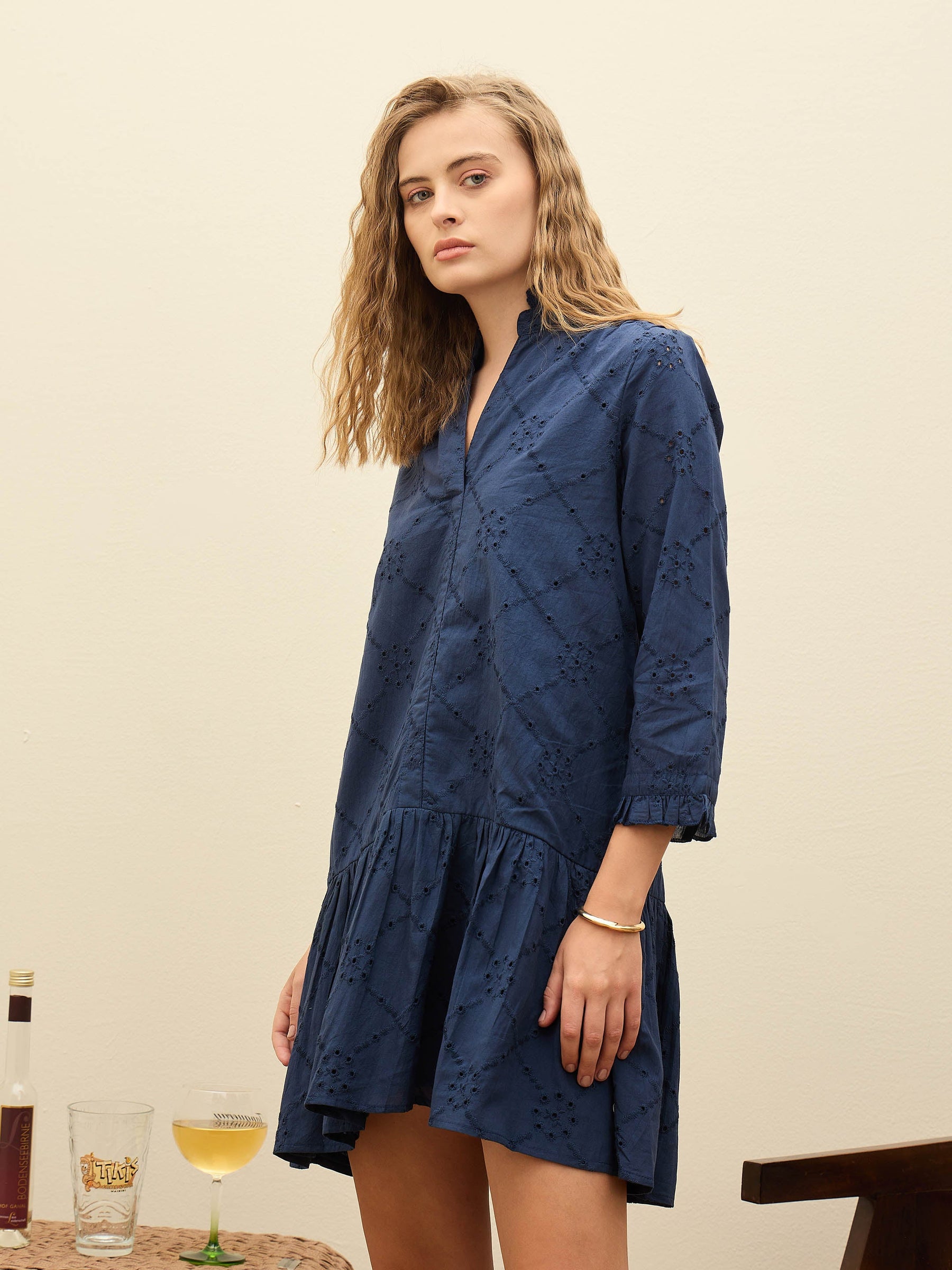 Navy Schiffli Frill Neck Short Dress-SASSAFRAS