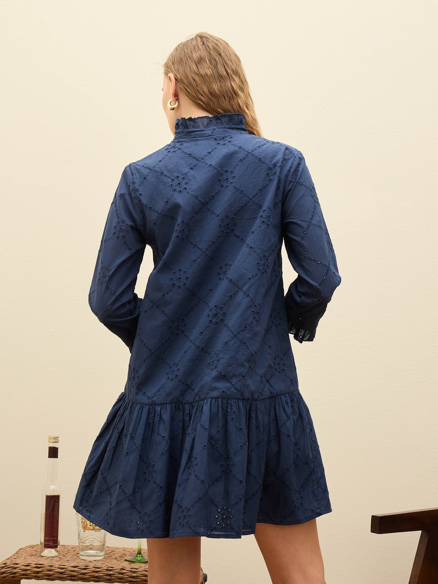 Navy Schiffli Frill Neck Short Dress-SASSAFRAS