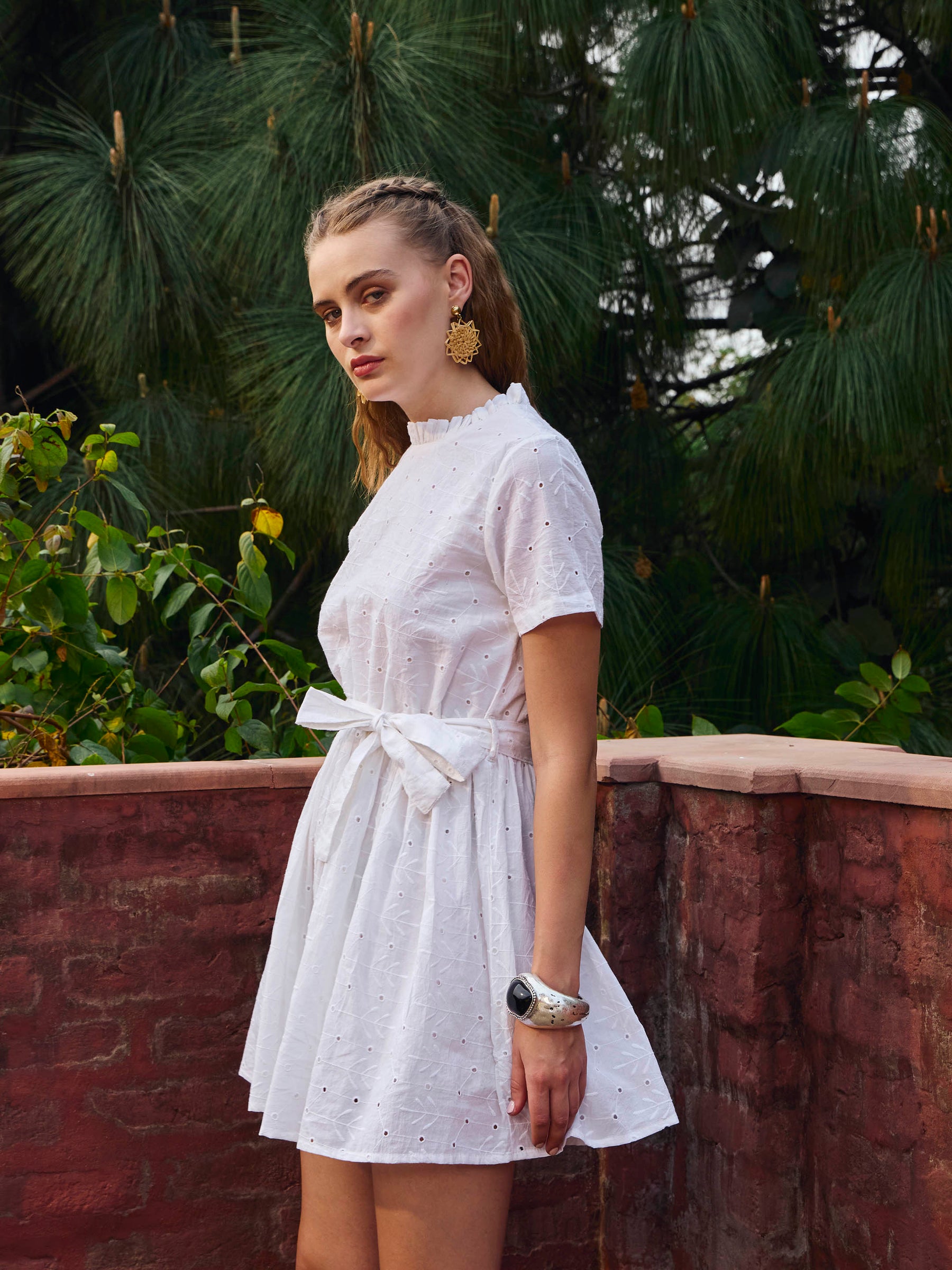 White Schiffli Round Neck Belted Short Dress-SASSAFRAS
