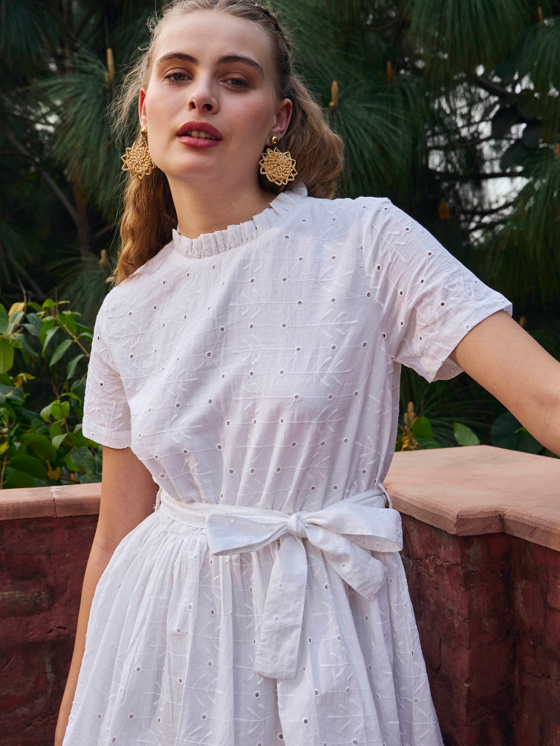 White Schiffli Round Neck Belted Short Dress-SASSAFRAS