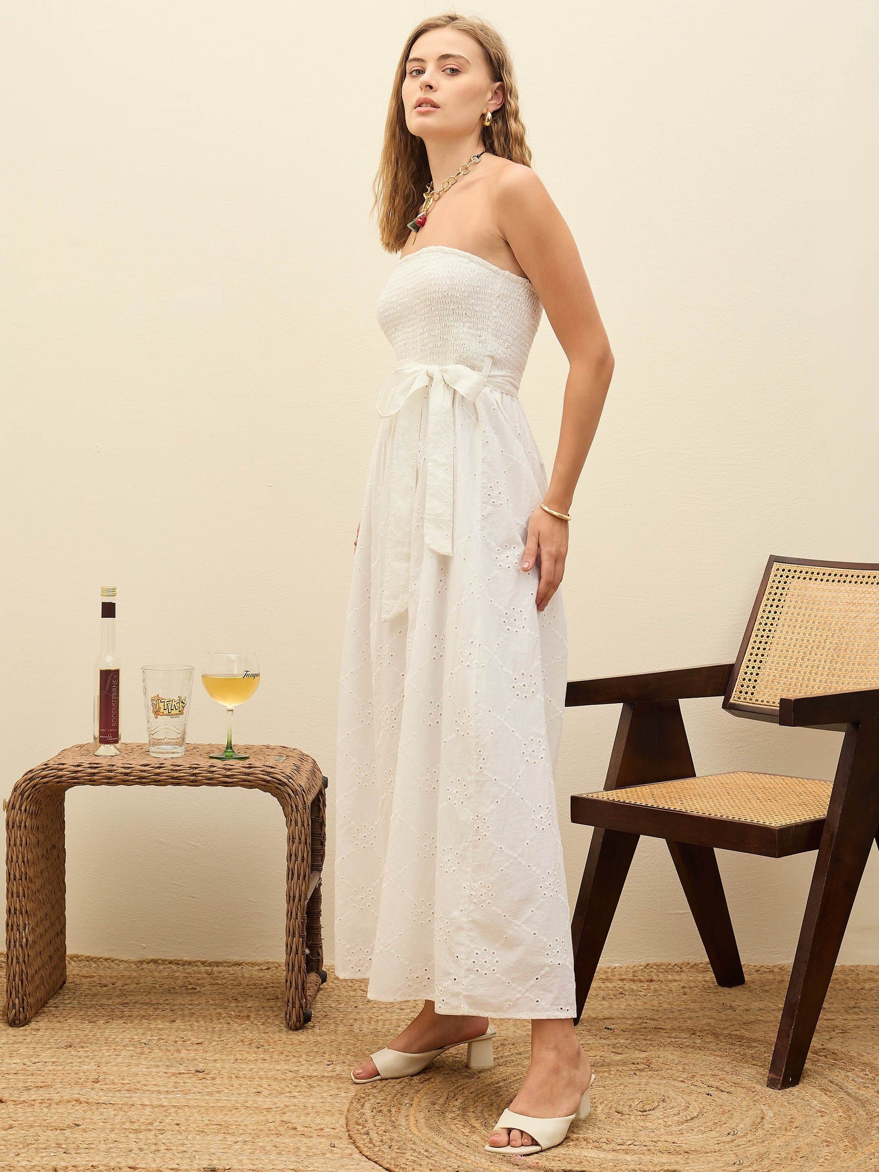 White Schiffli Smocking Detail Midi Dress-SASSAFRAS