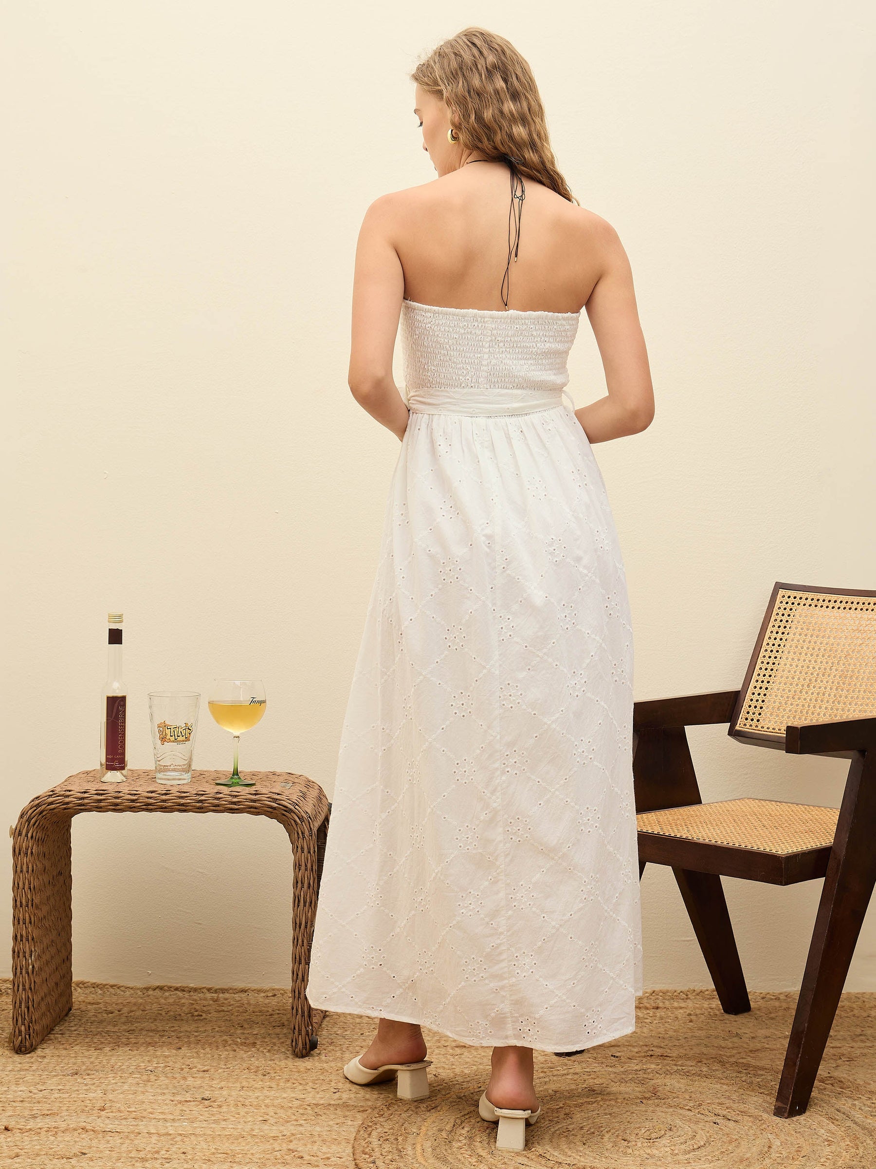 White Schiffli Smocking Detail Midi Dress-SASSAFRAS