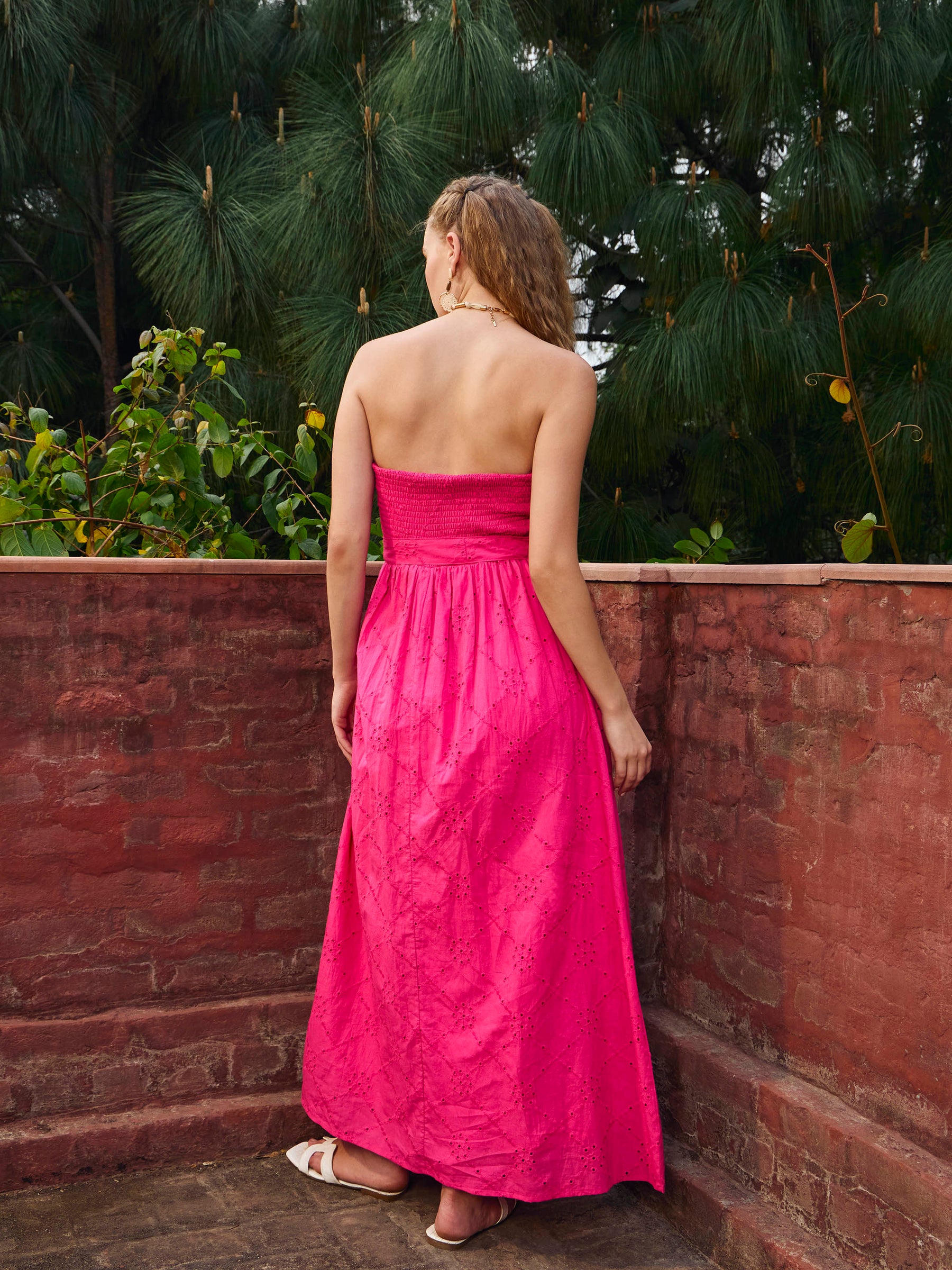 Fuchsia Schiffli Smocking Detail Midi Dress-SASSAFRAS