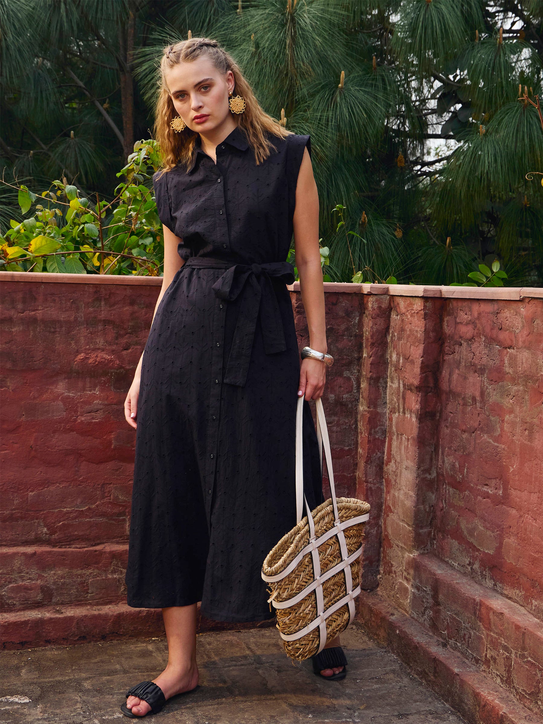 Black Schiffli Button Down Midi Dress-SASSAFRAS