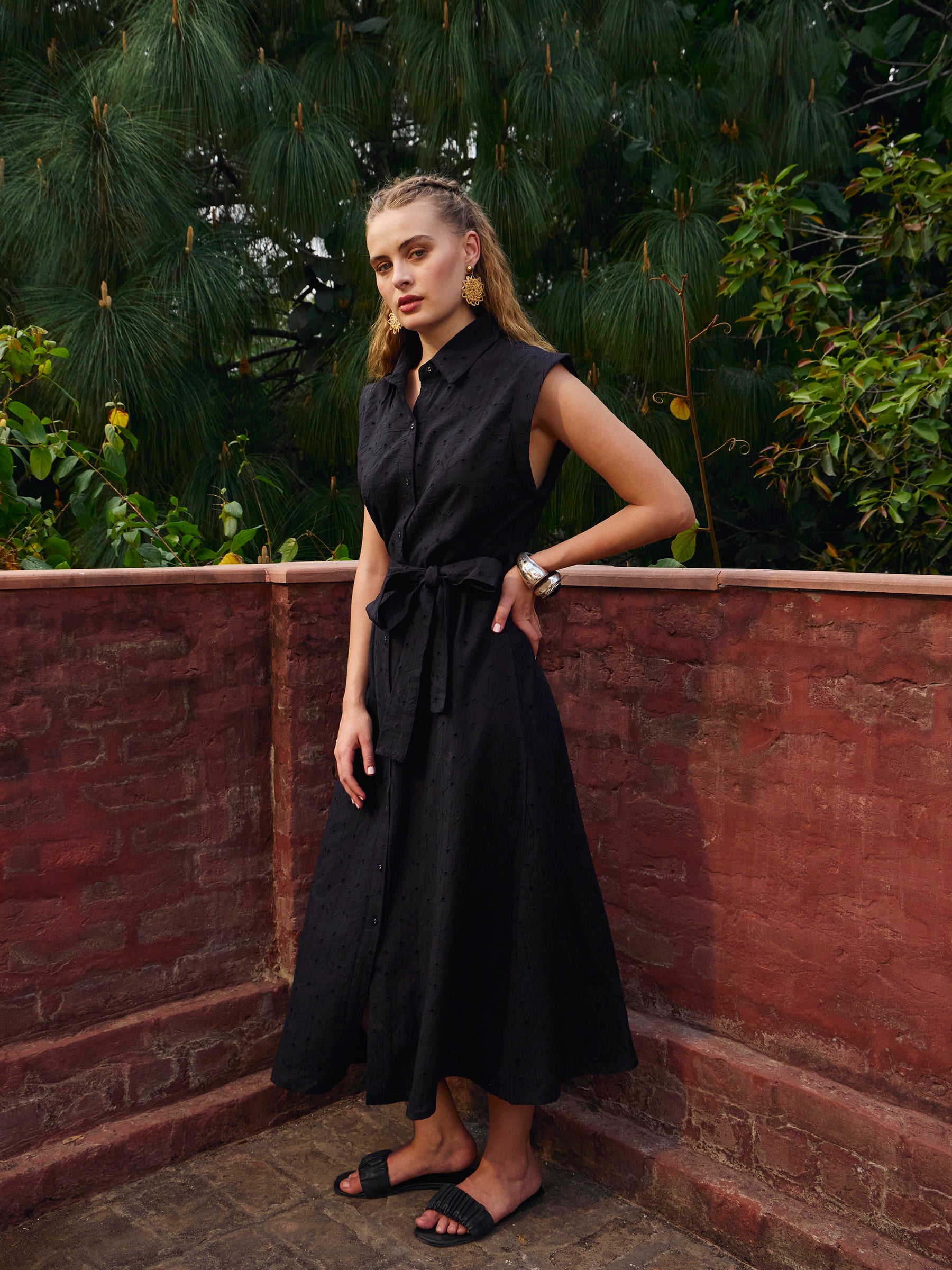 Black Schiffli Button Down Midi Dress-SASSAFRAS
