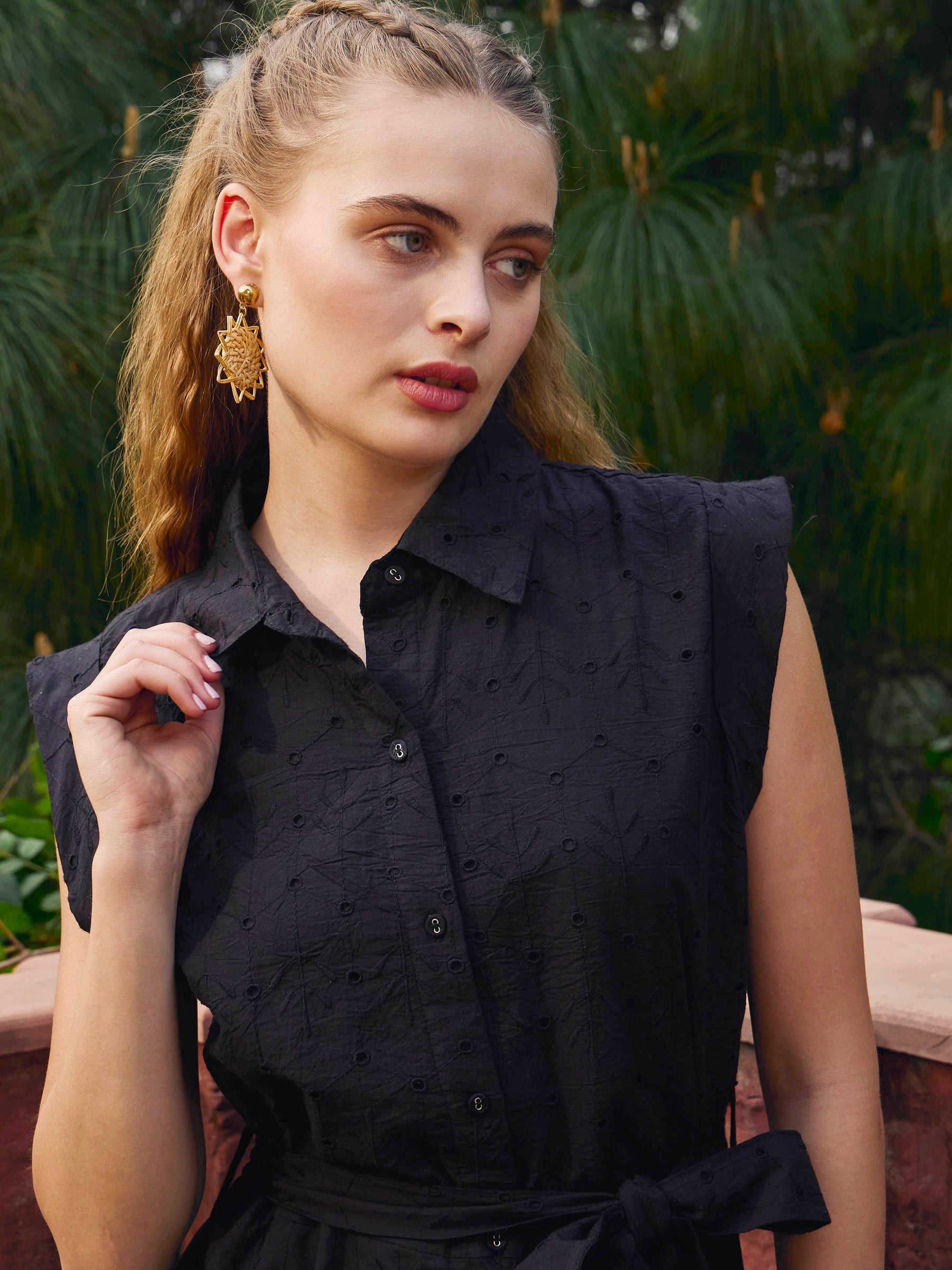 Black Schiffli Button Down Midi Dress-SASSAFRAS