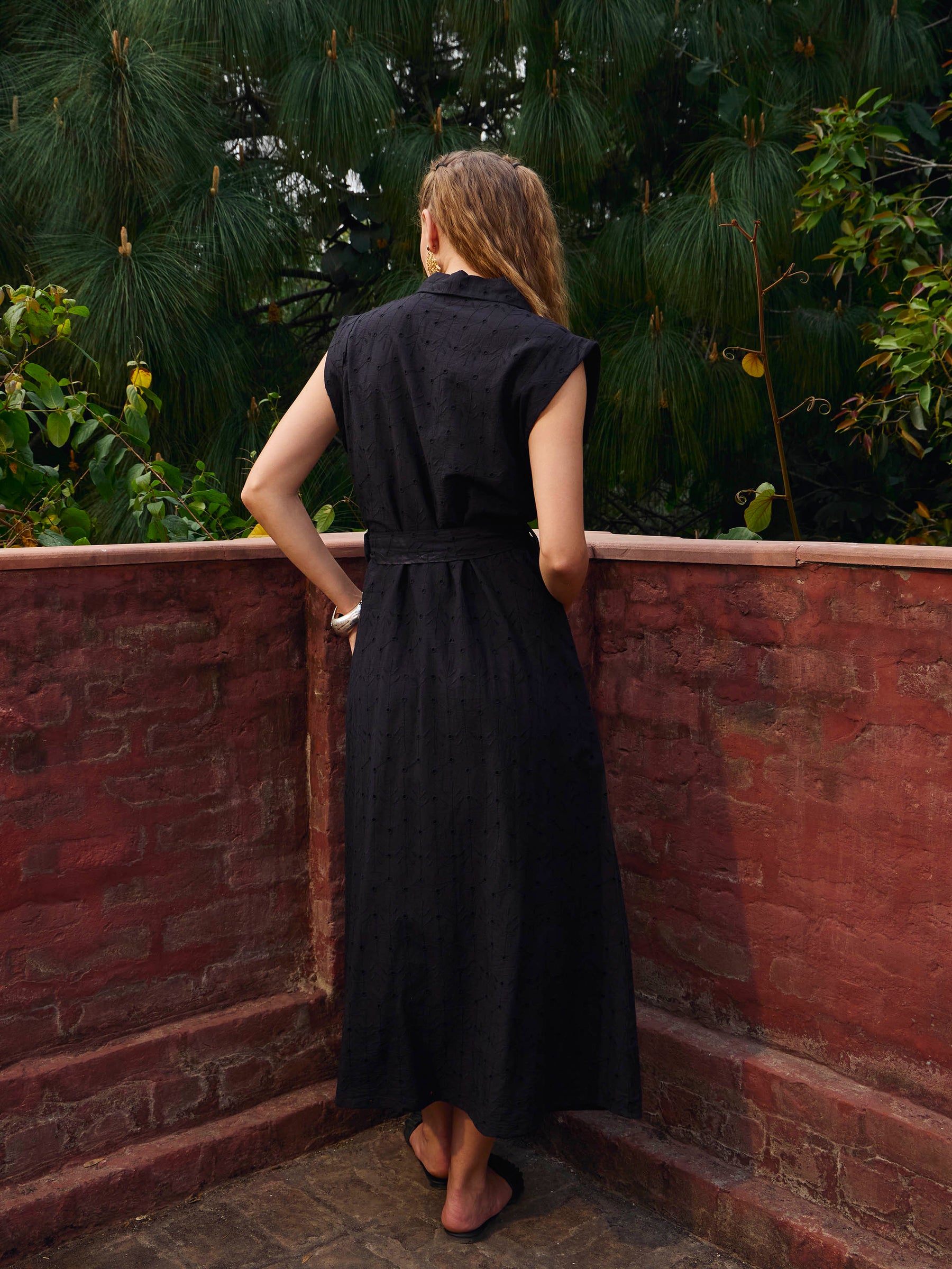 Black Schiffli Button Down Midi Dress-SASSAFRAS