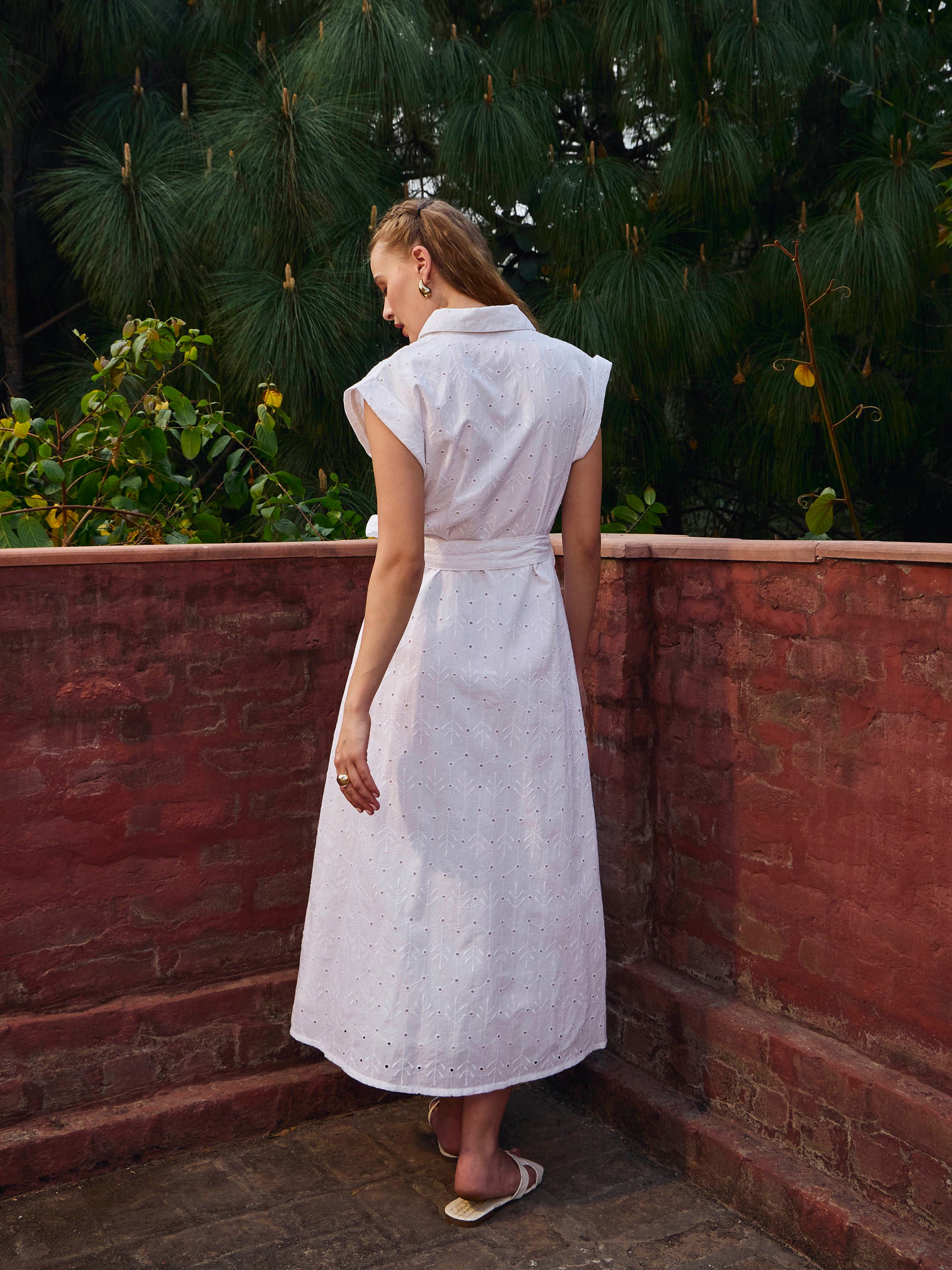 White Schiffli Button Down Midi Dress-SASSAFRAS