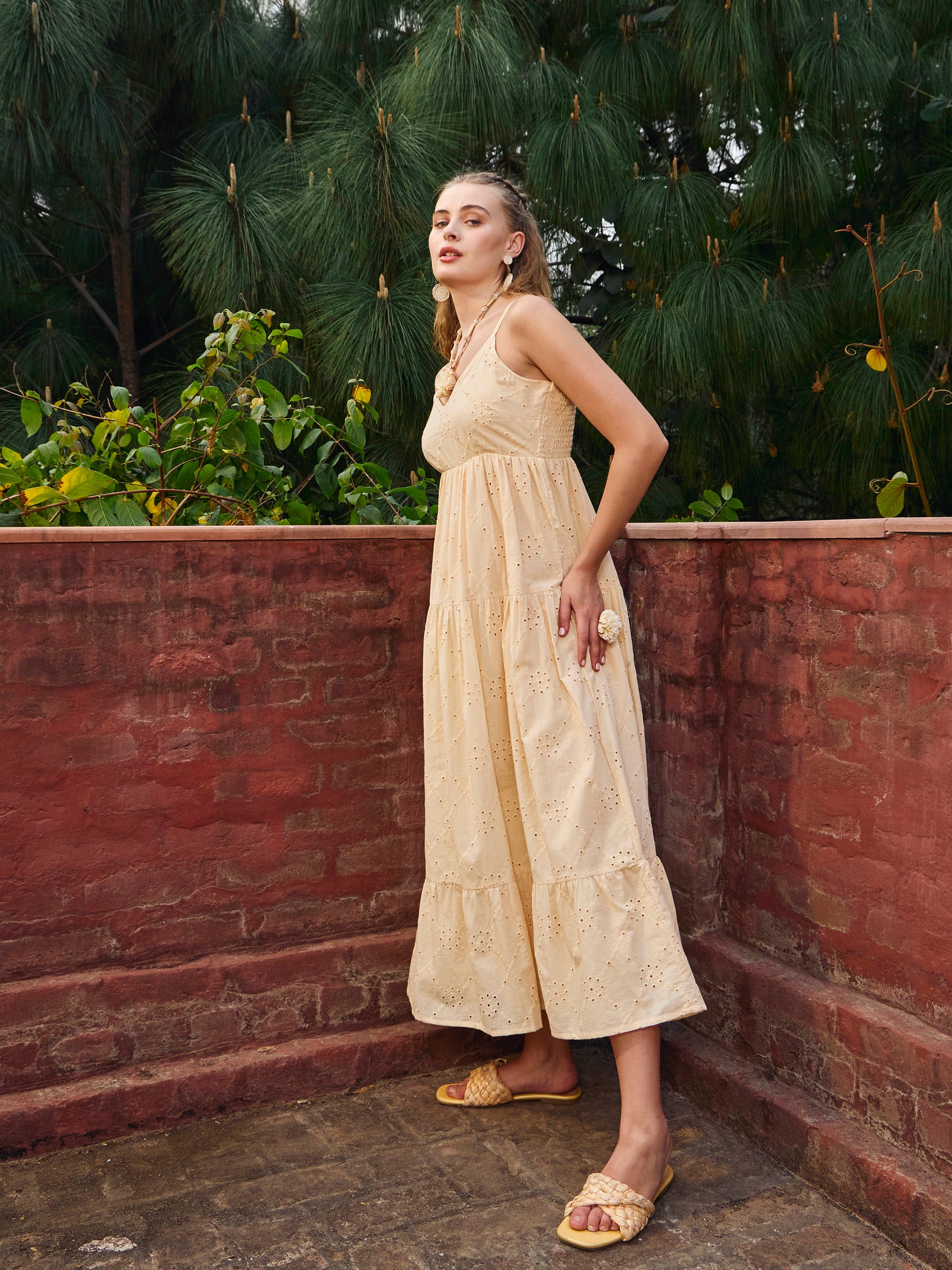 Ecru Schiffli V-Neck Smocked Back Strappy Midi Dress-SASSAFRAS