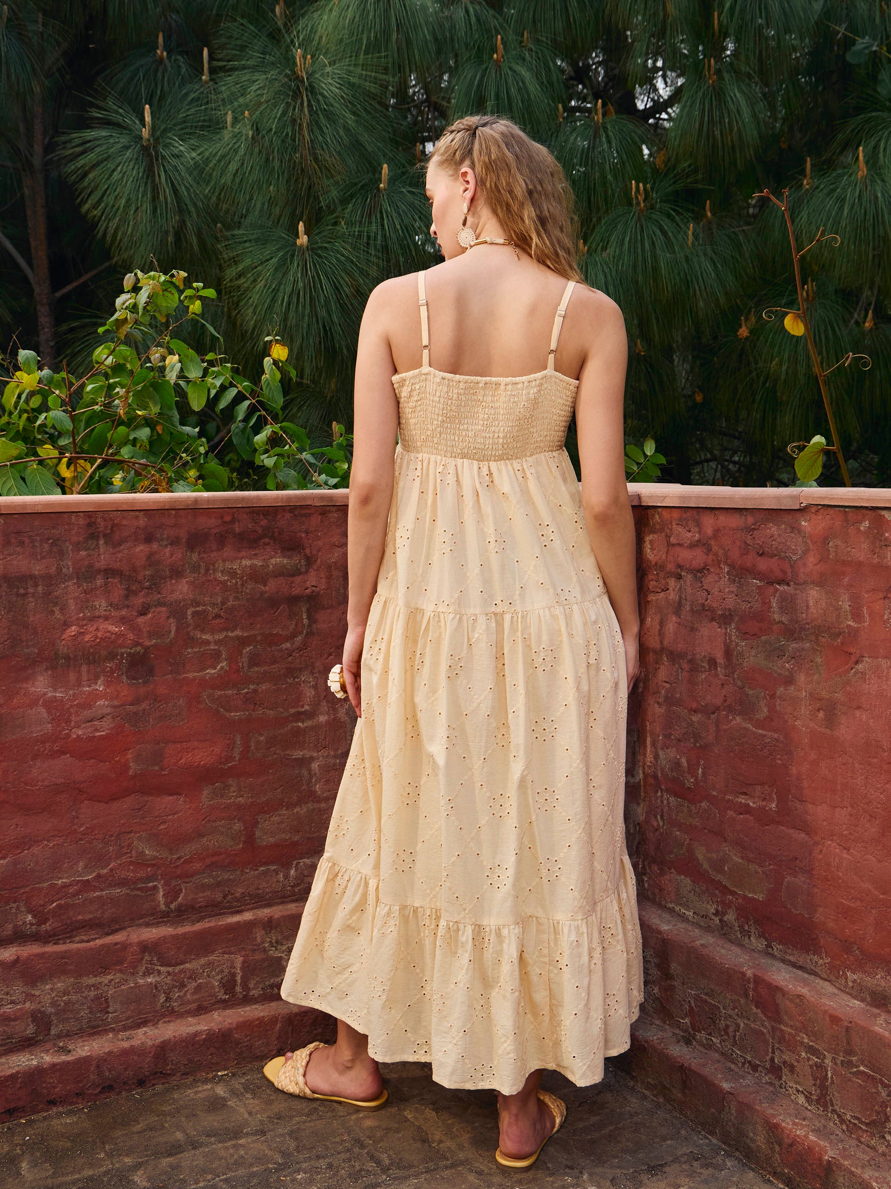 Ecru Schiffli V-Neck Smocked Back Strappy Midi Dress-SASSAFRAS