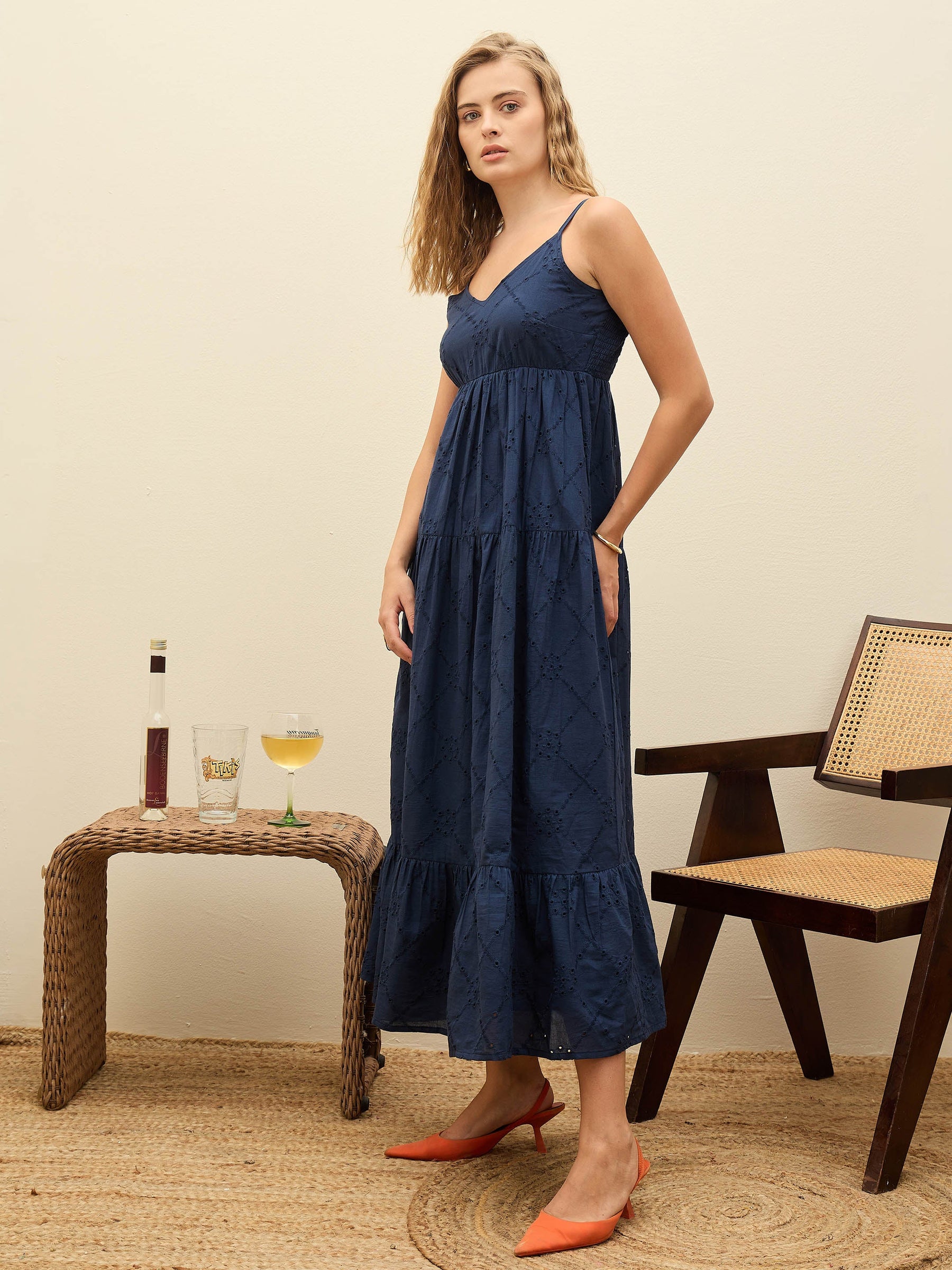 Navy Schiffli V-Neck Smocked Back Strappy Midi Dress-SASSAFRAS