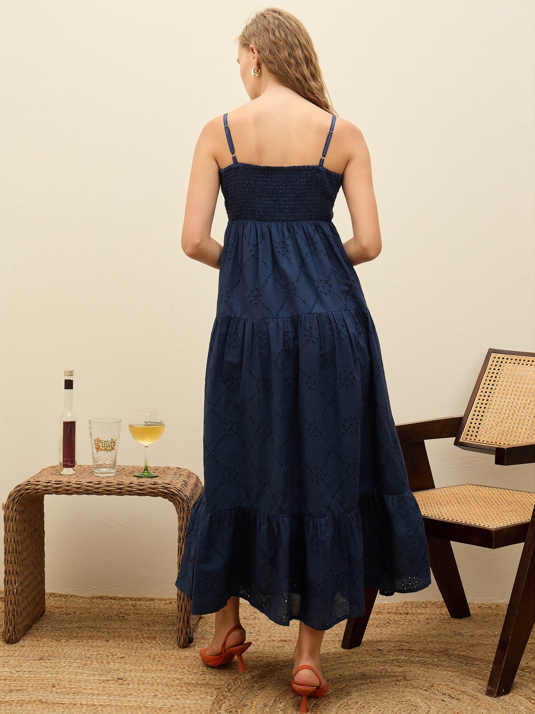 Navy Schiffli V-Neck Smocked Back Strappy Midi Dress-SASSAFRAS