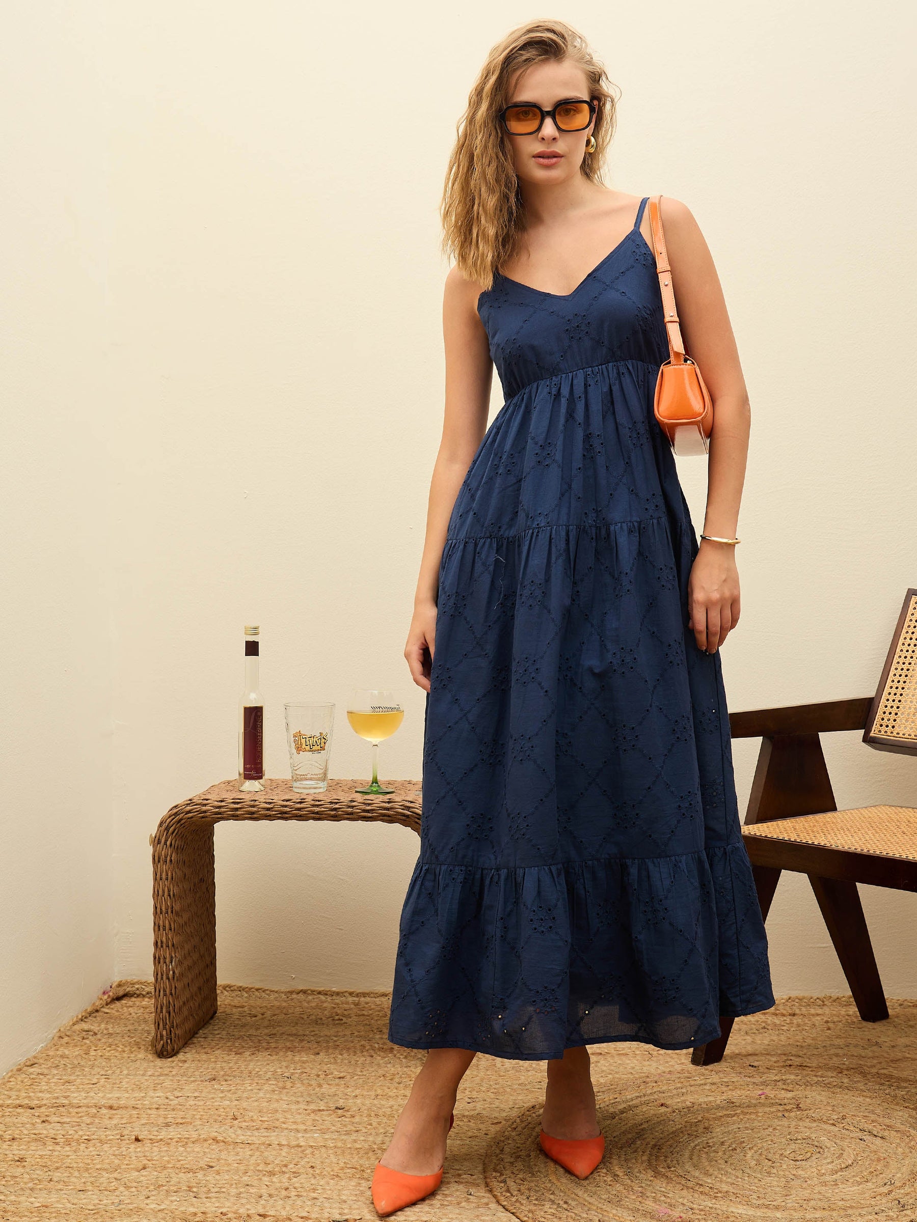 Navy Schiffli V-Neck Smocked Back Strappy Midi Dress-SASSAFRAS