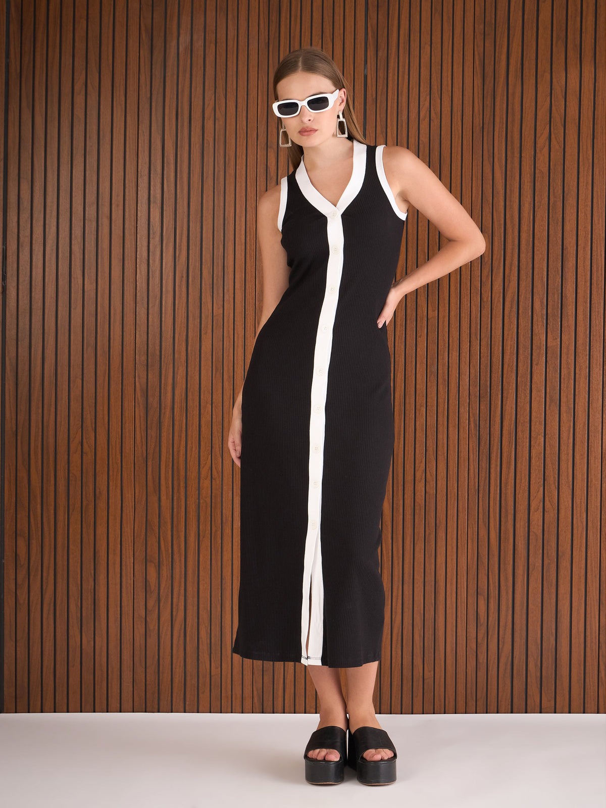 Black Rib With White Contrast Button Maxi Dress-SASSAFRAS