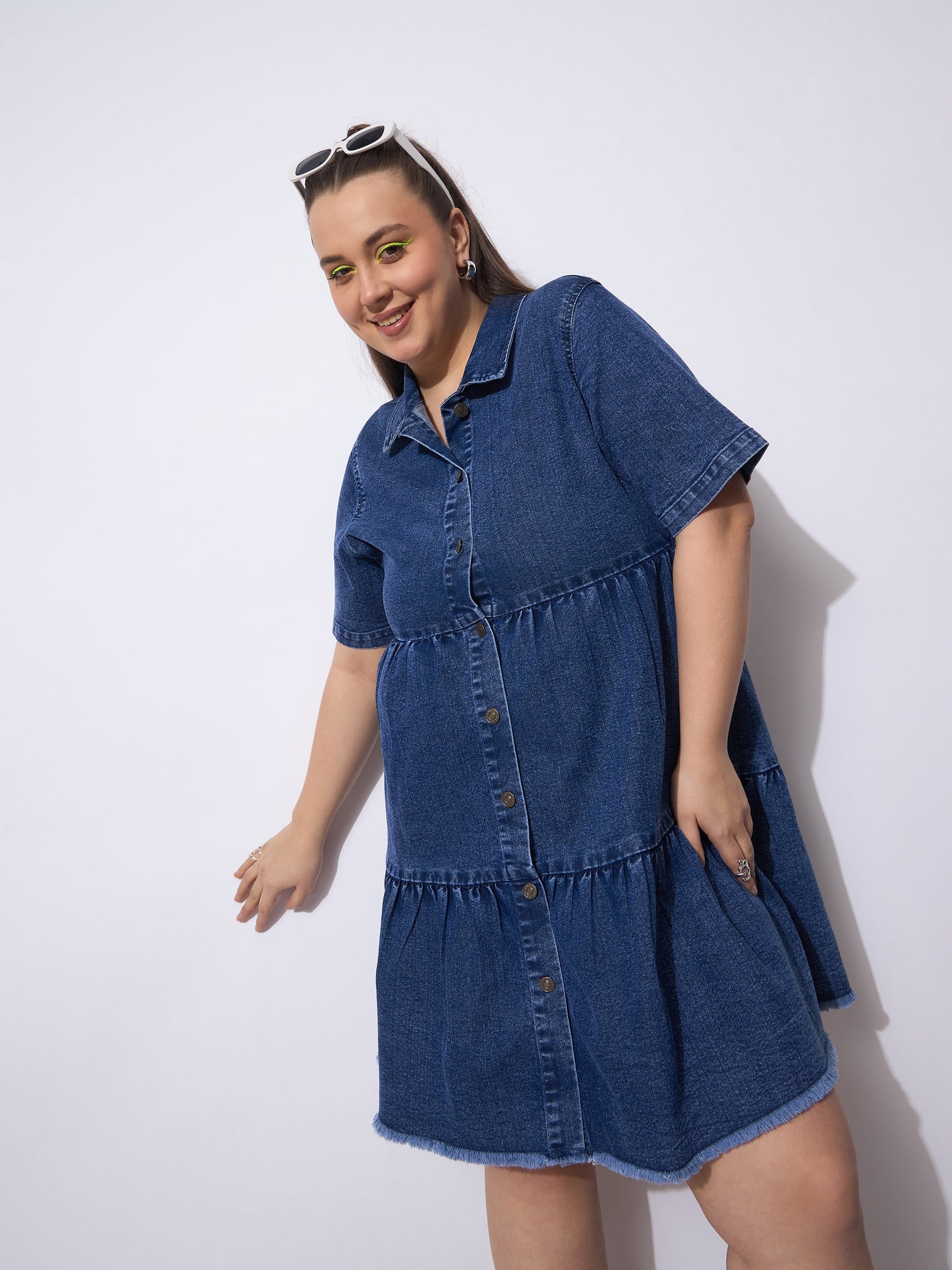 Navy Wash Denim Short Tiered Dress-SASSAFRAS Curve
