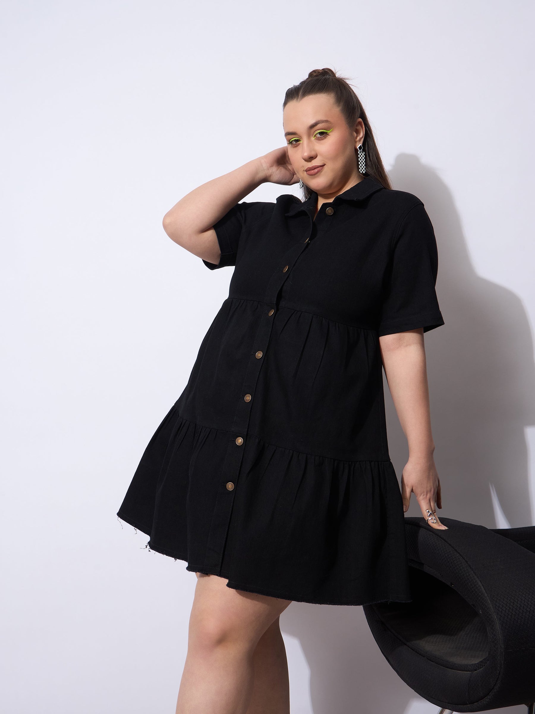 Black Wash Denim Short Tiered Dress-SASSAFRAS Curve