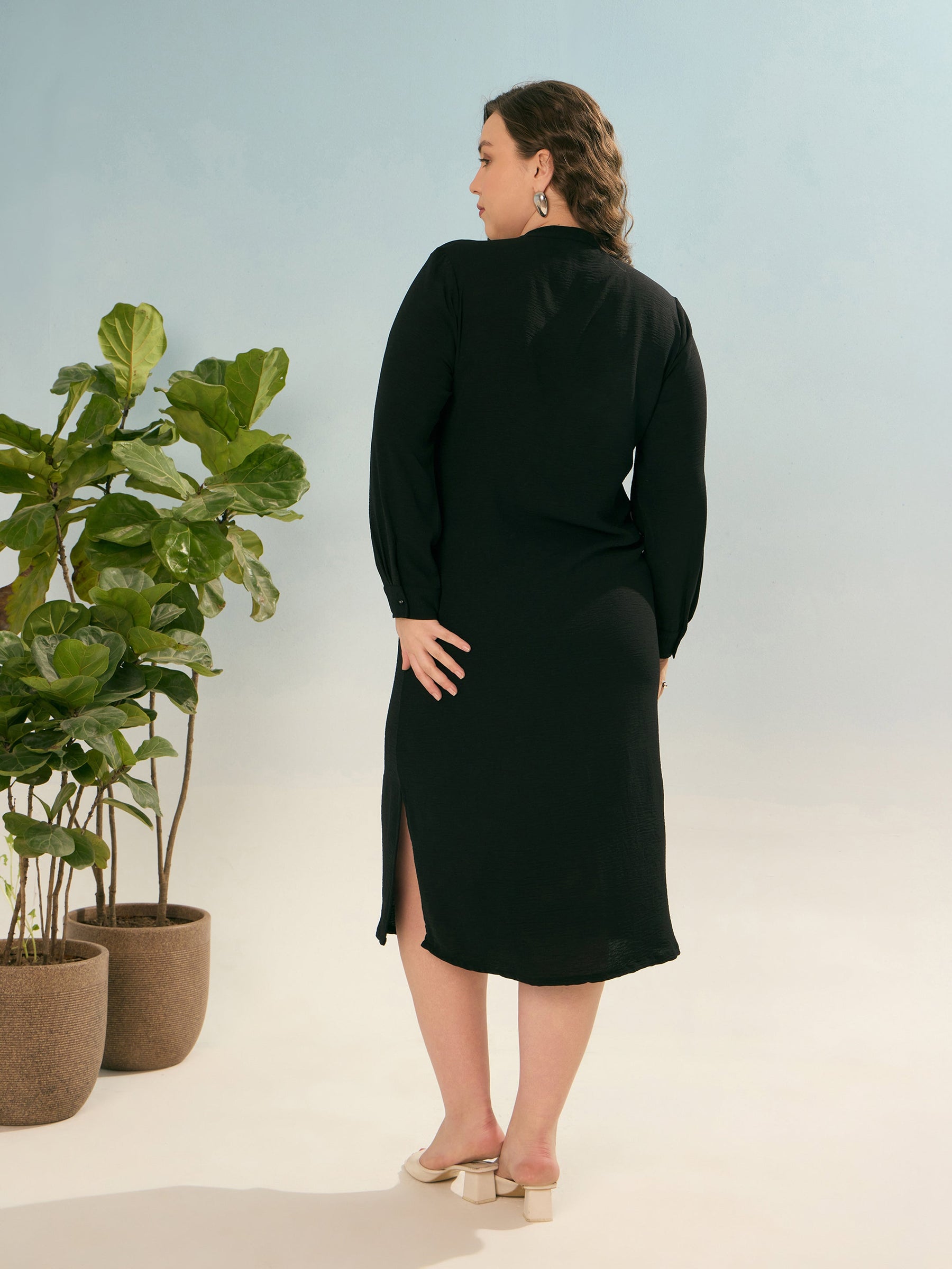 Black Front Button Midi Dress-SASSAFRAS Curve