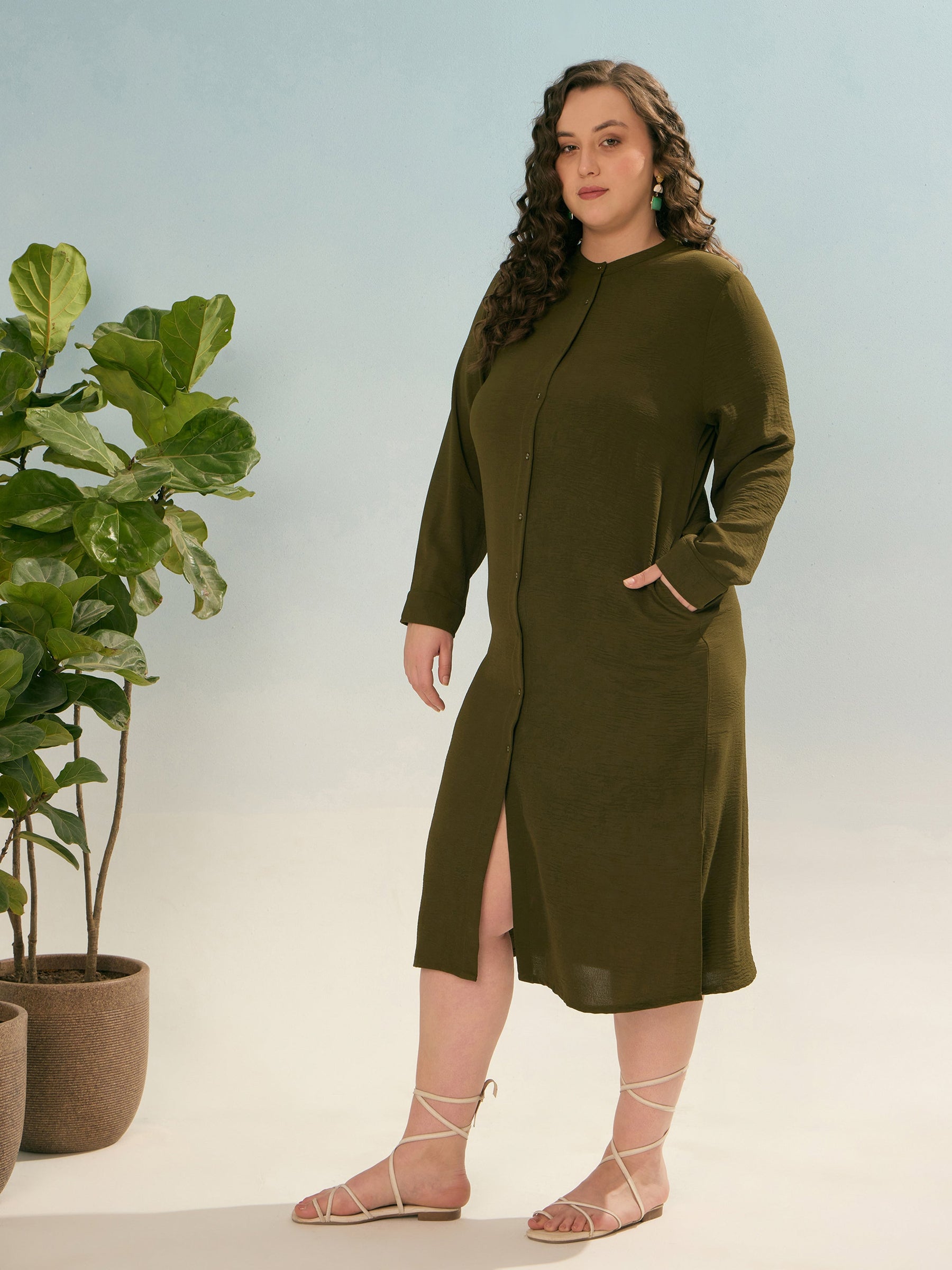 Olive Front Button Midi Dress-SASSAFRAS Curve