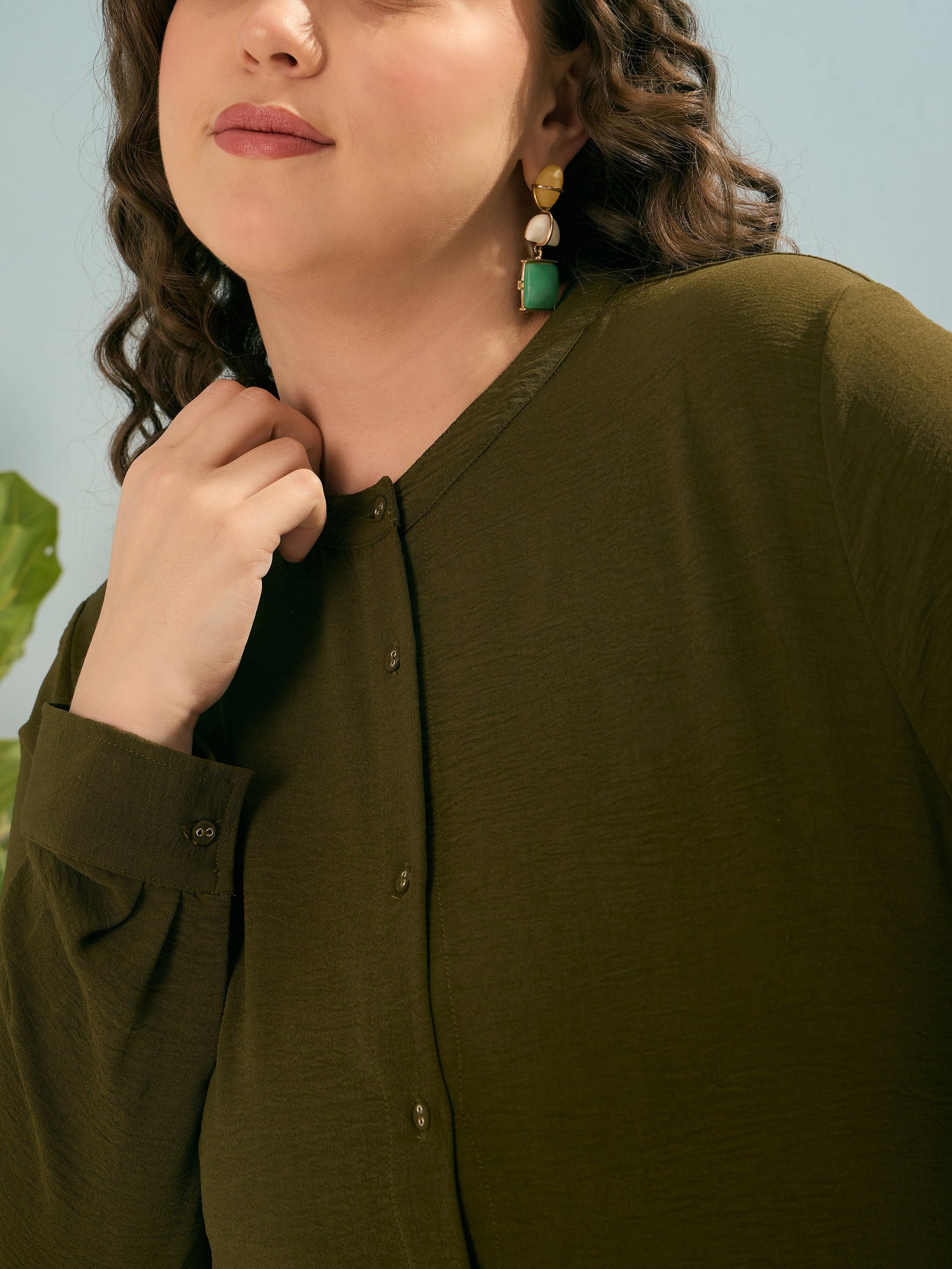 Olive Front Button Midi Dress-SASSAFRAS Curve