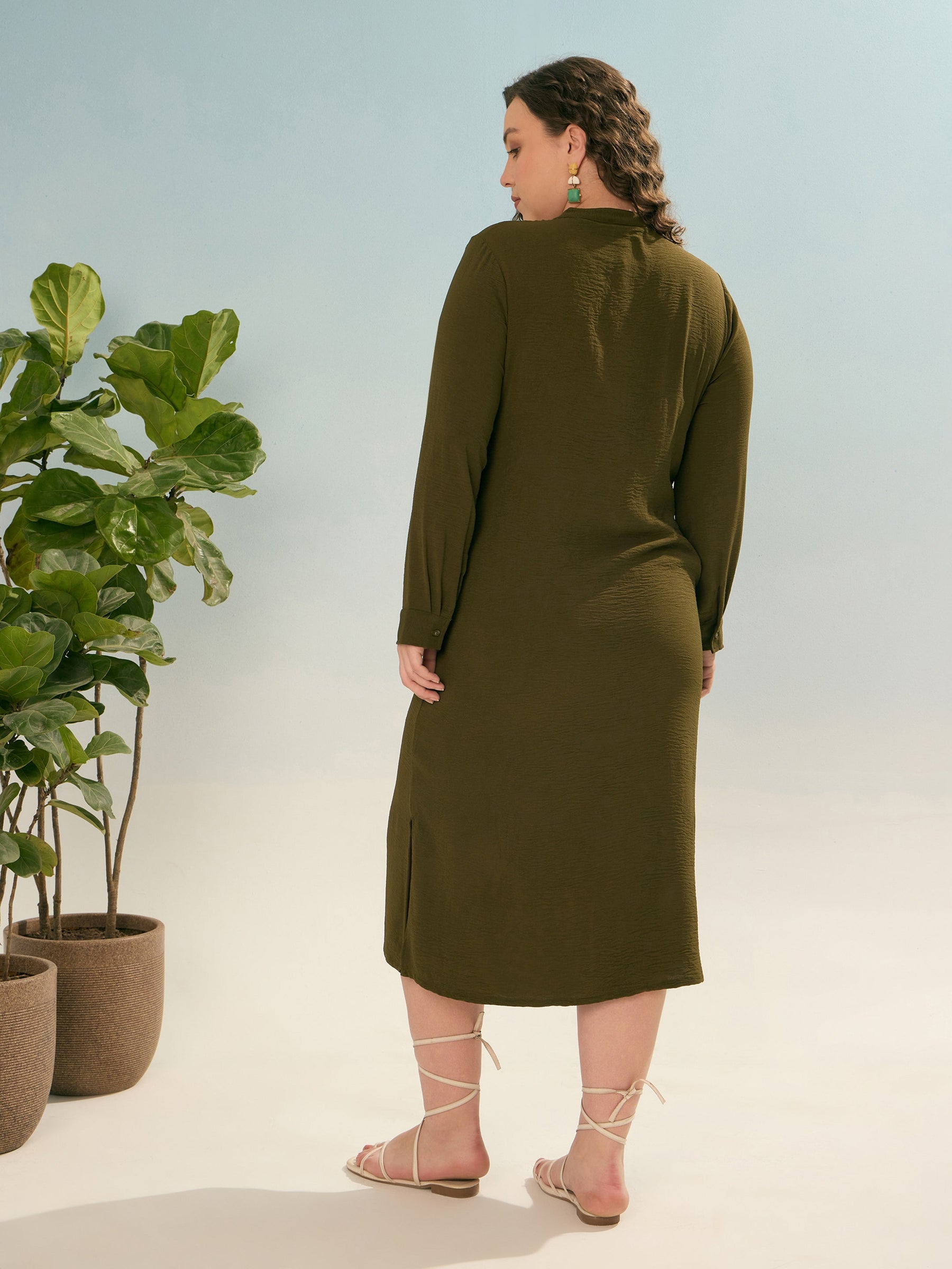 Olive Front Button Midi Dress-SASSAFRAS Curve