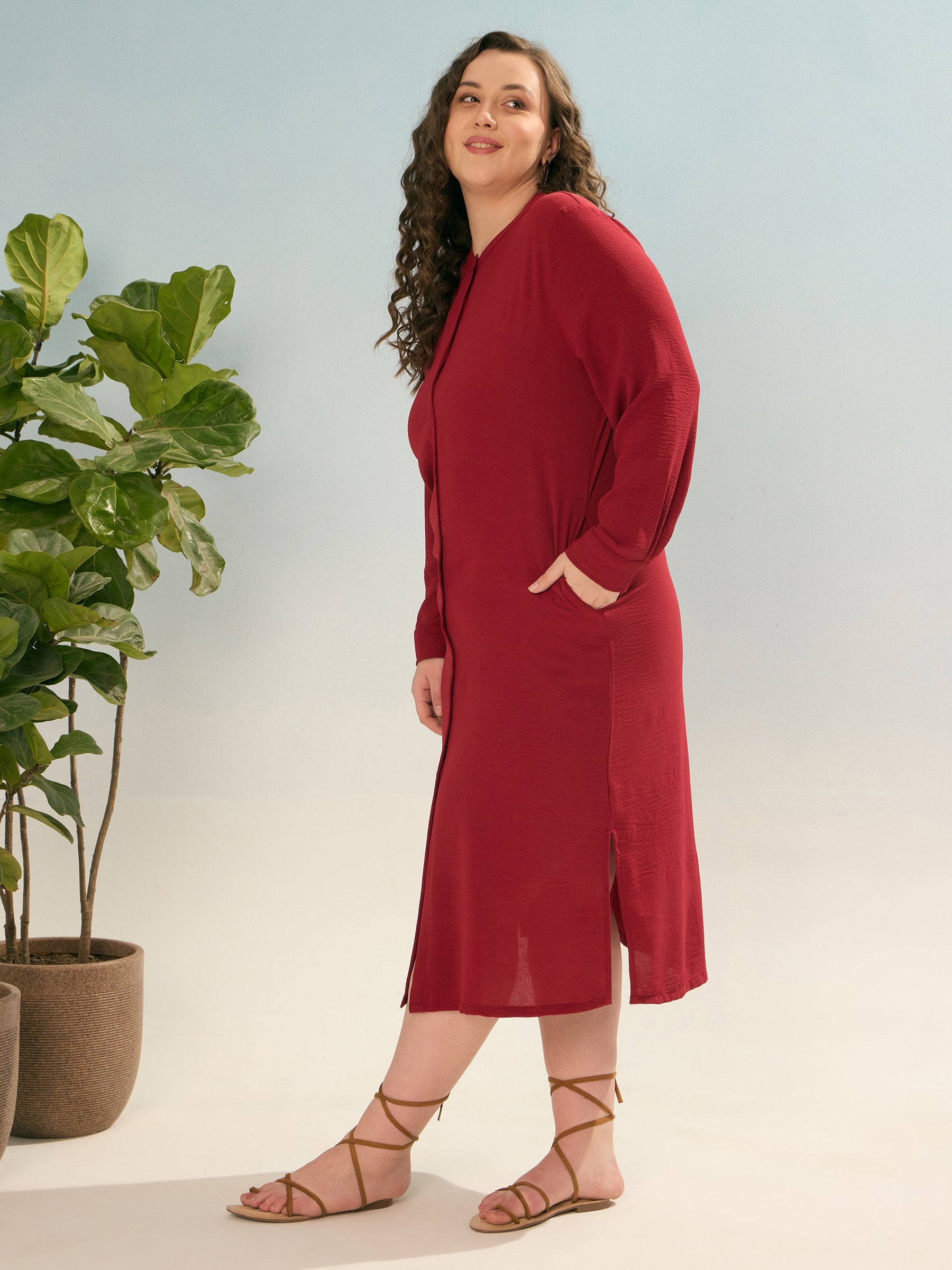 Maroon Front Button Midi Dress-SASSAFRAS Curve