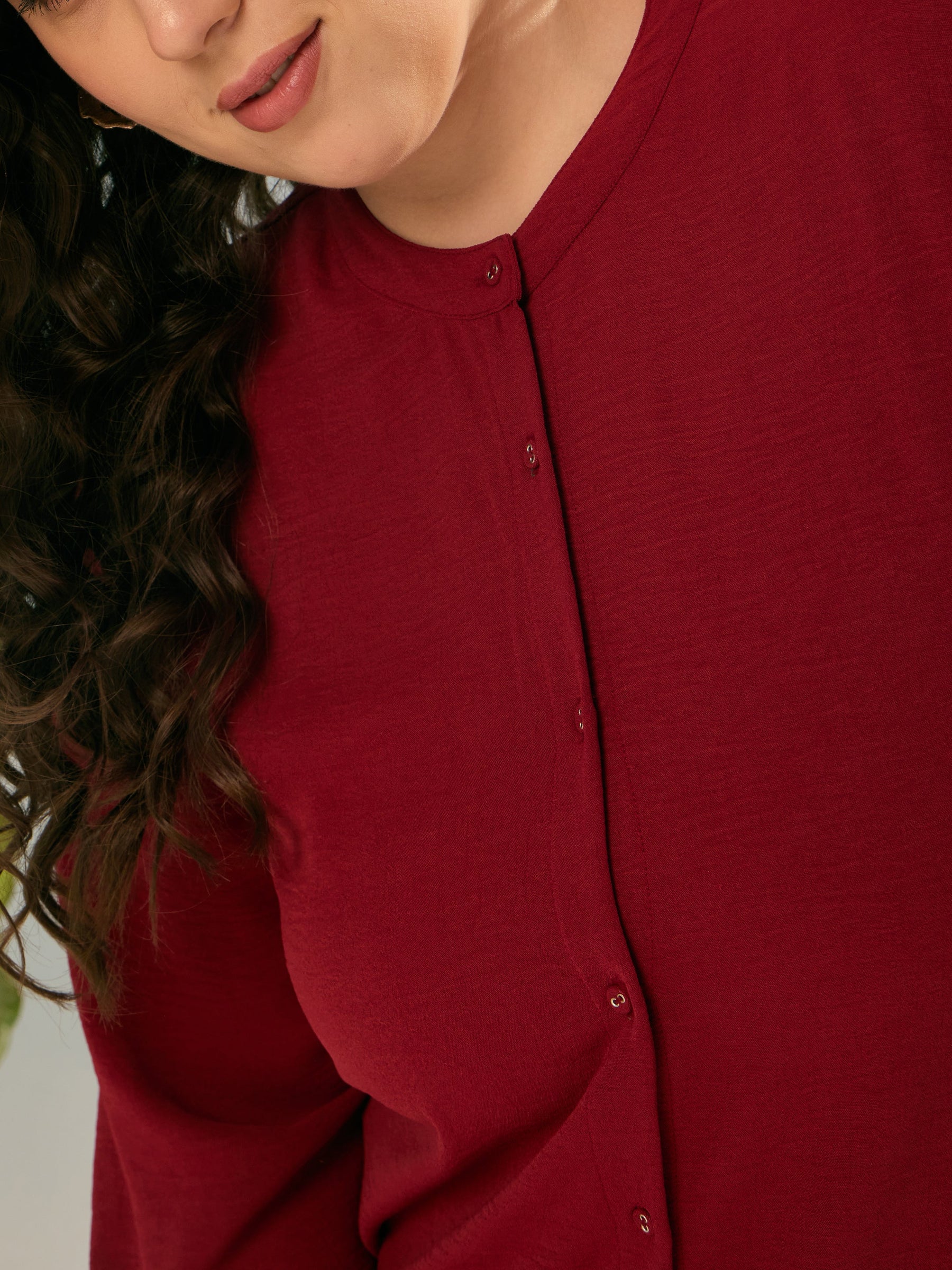 Maroon Front Button Midi Dress-SASSAFRAS Curve