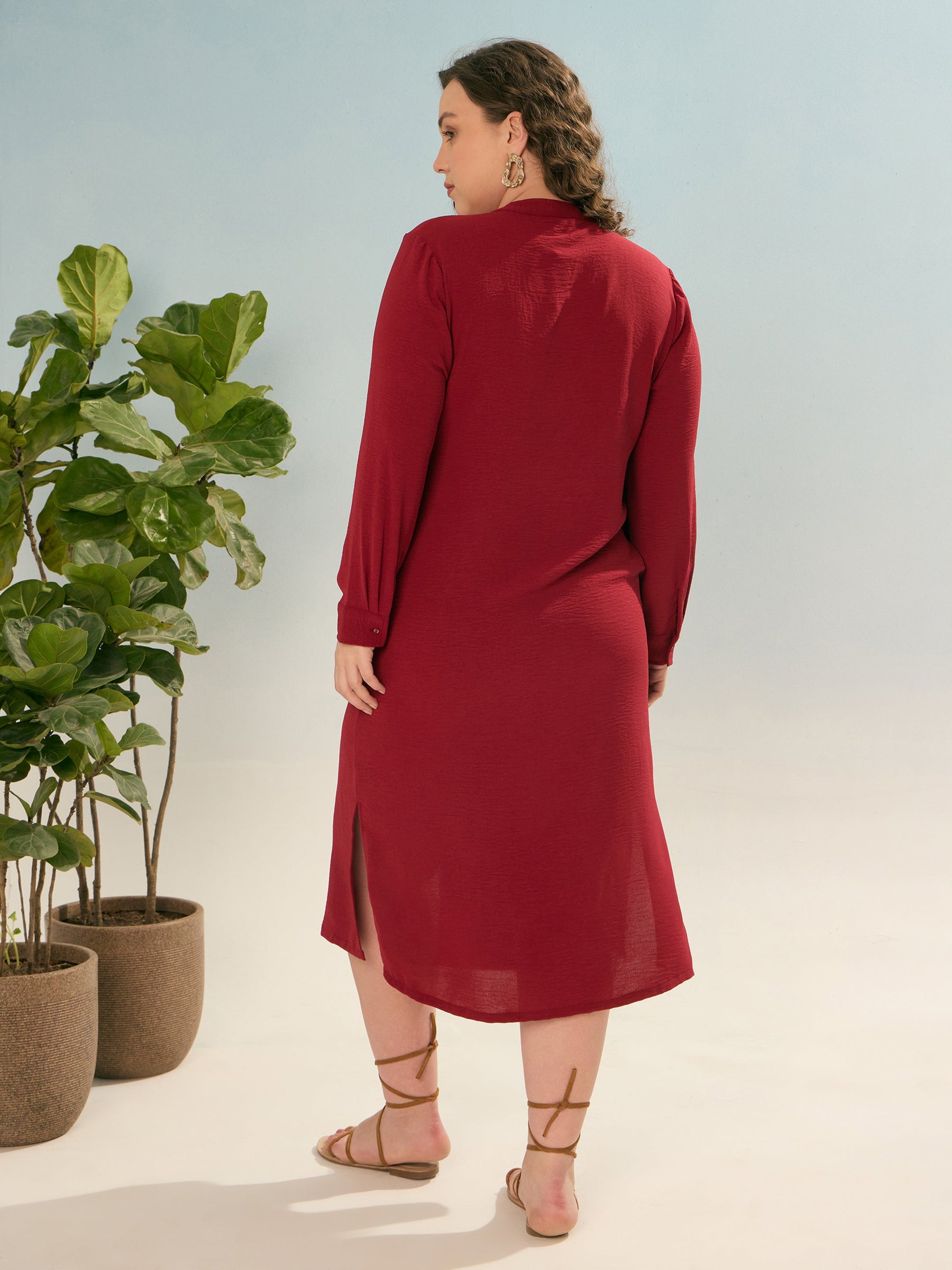 Maroon Front Button Midi Dress-SASSAFRAS Curve