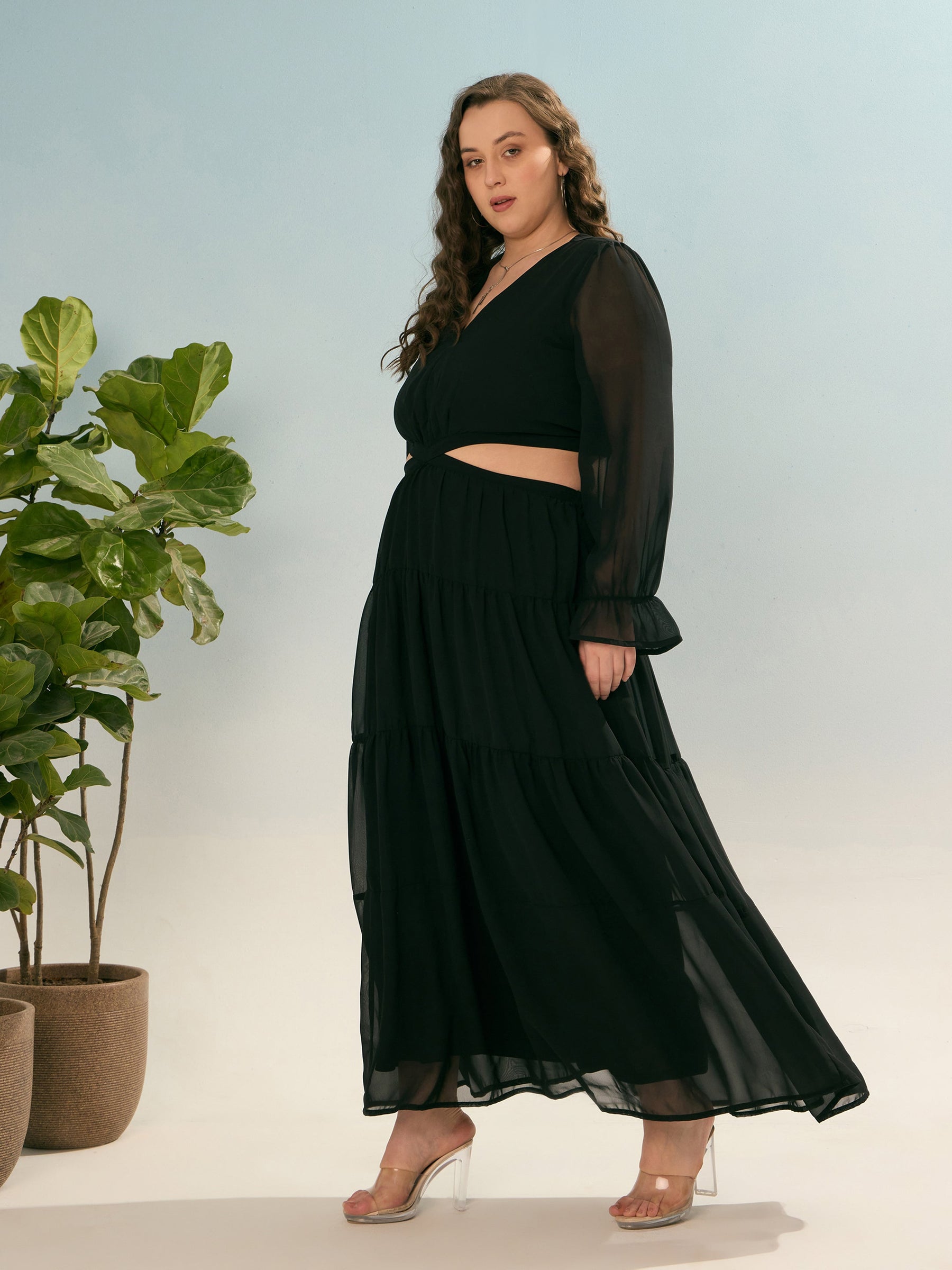 Black Solid Waist Cut-Out Maxi Dress-SASSAFRAS Curve