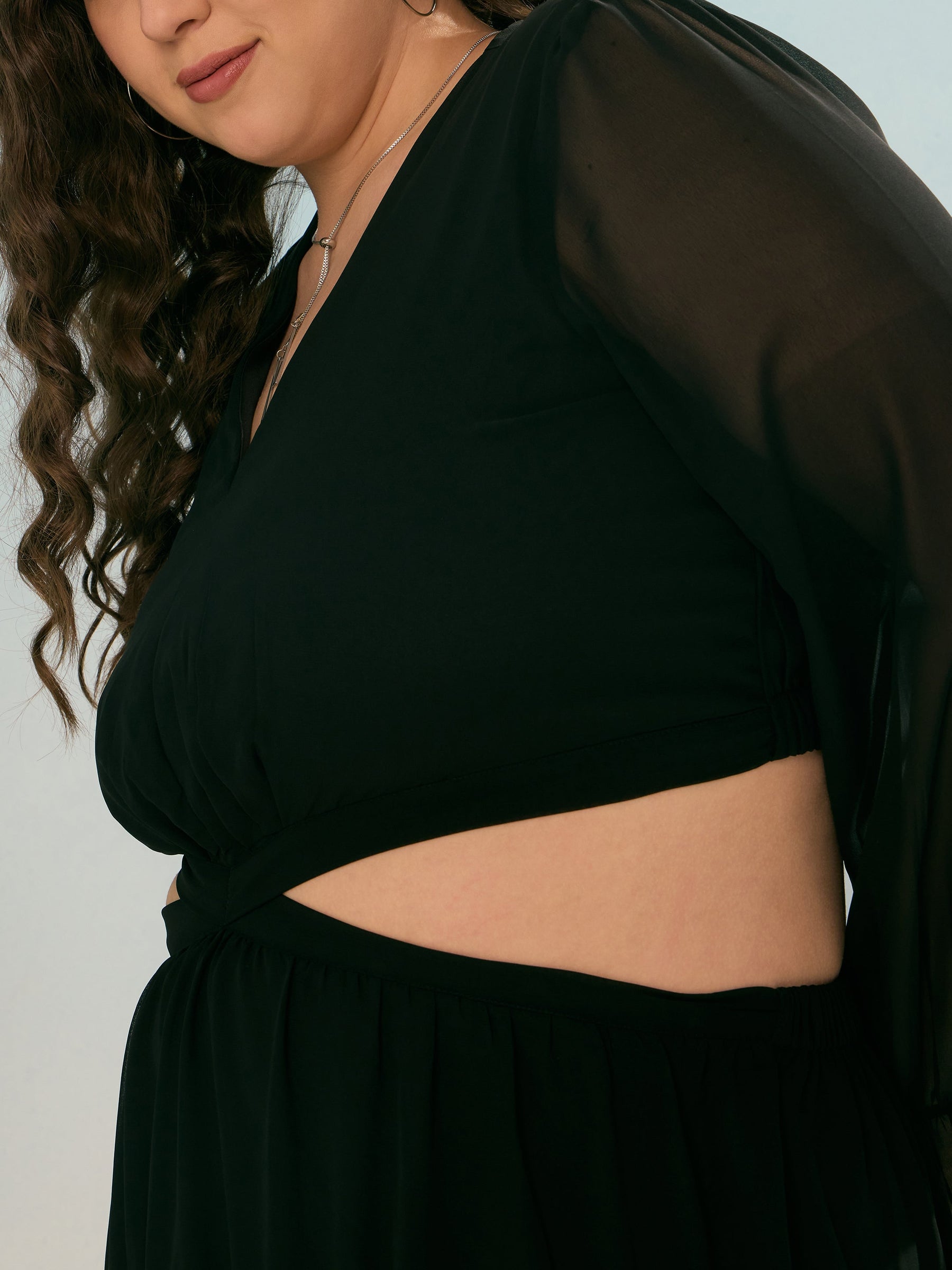 Black Solid Waist Cut-Out Maxi Dress-SASSAFRAS Curve