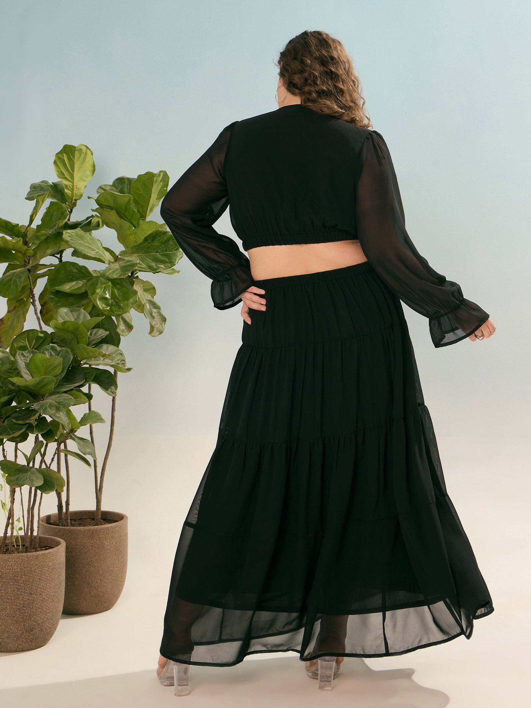 Black Solid Waist Cut-Out Maxi Dress-SASSAFRAS Curve