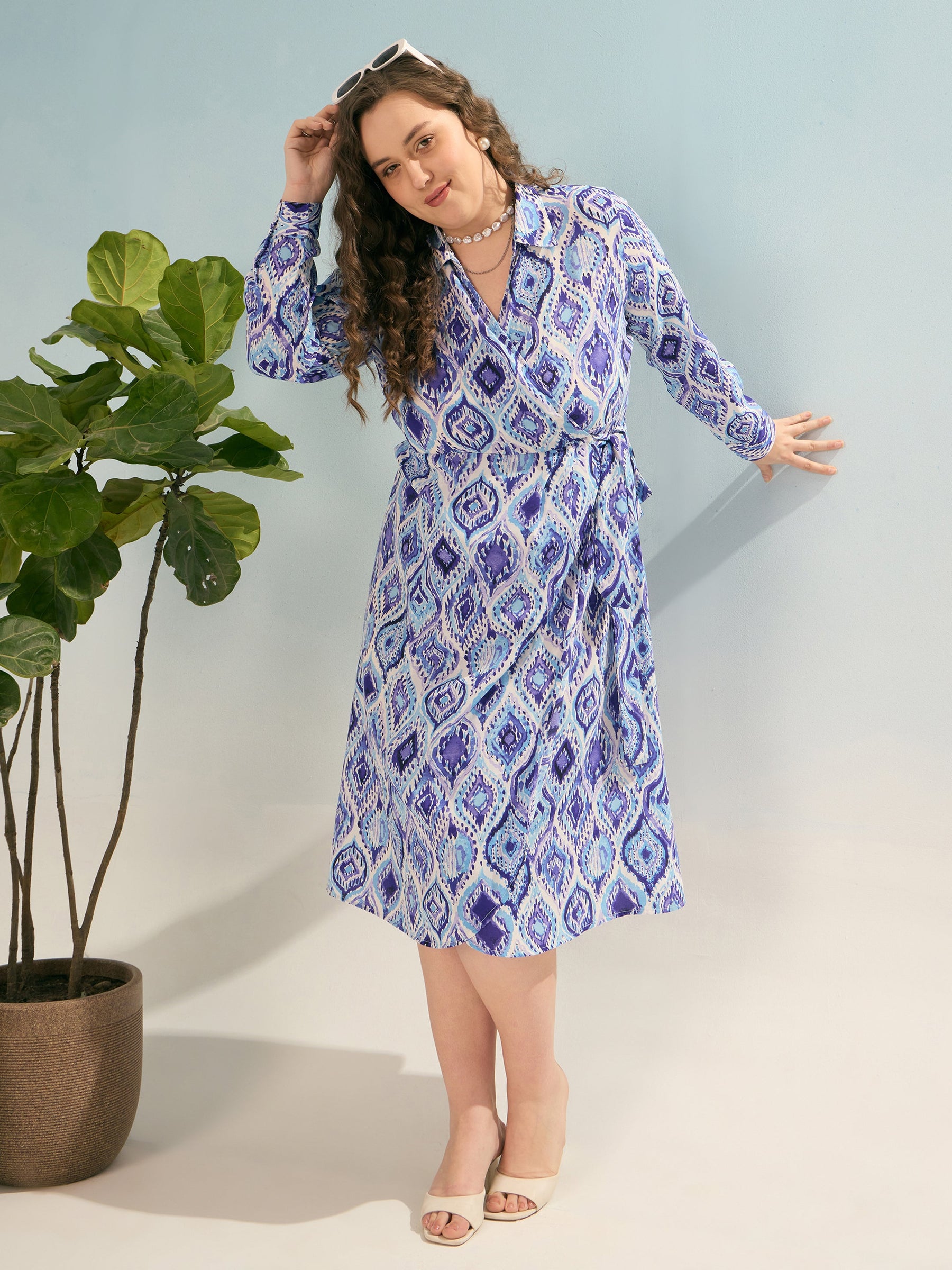 Blue Printed Wrap Midi Dress-SASSAFRAS Curve