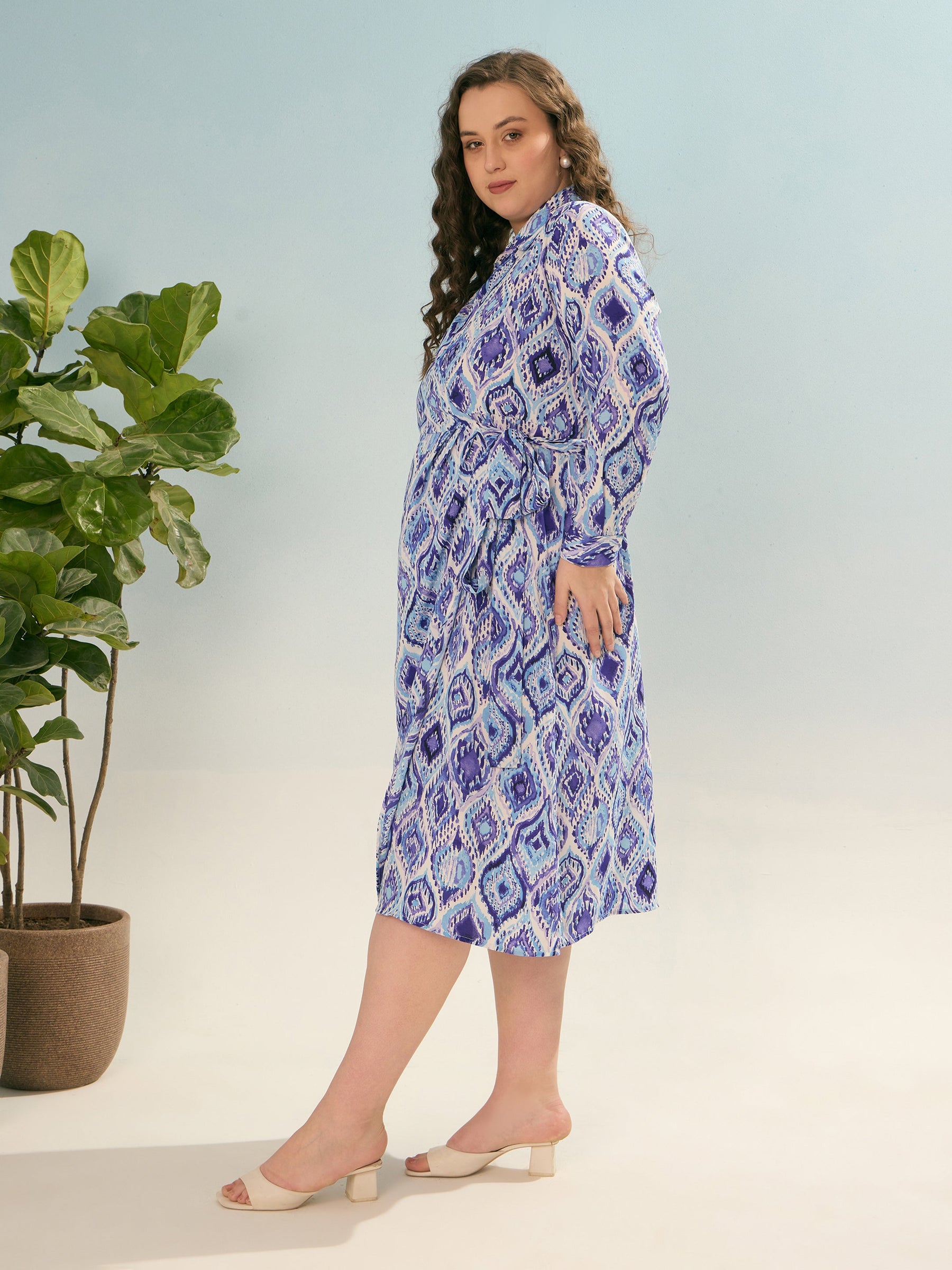 Blue Printed Wrap Midi Dress-SASSAFRAS Curve
