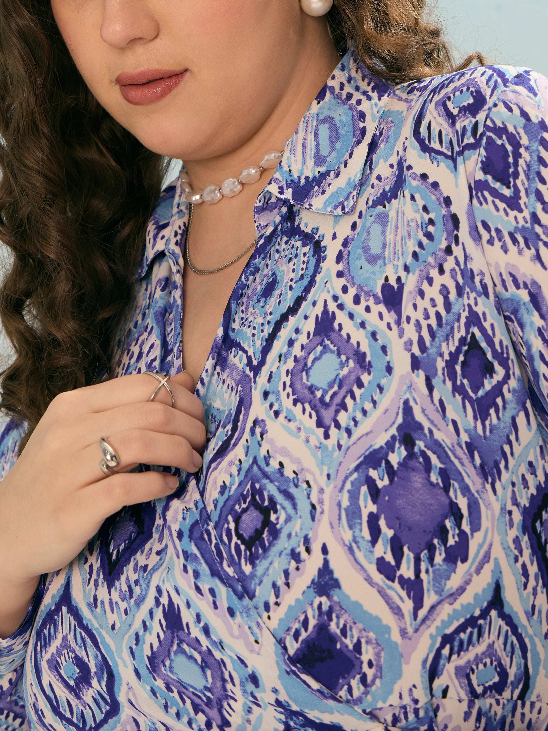 Blue Printed Wrap Midi Dress-SASSAFRAS Curve