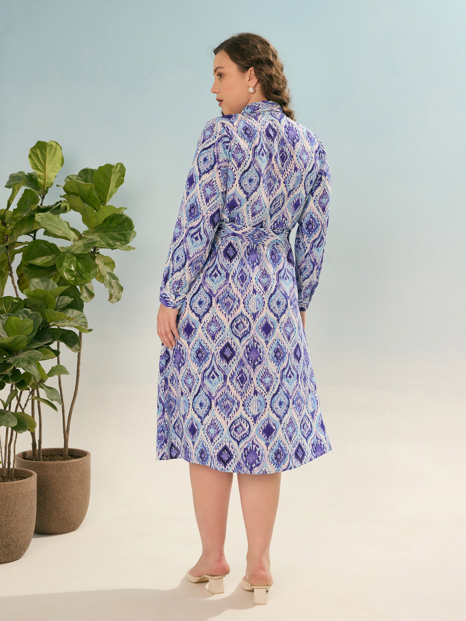 Blue Printed Wrap Midi Dress-SASSAFRAS Curve