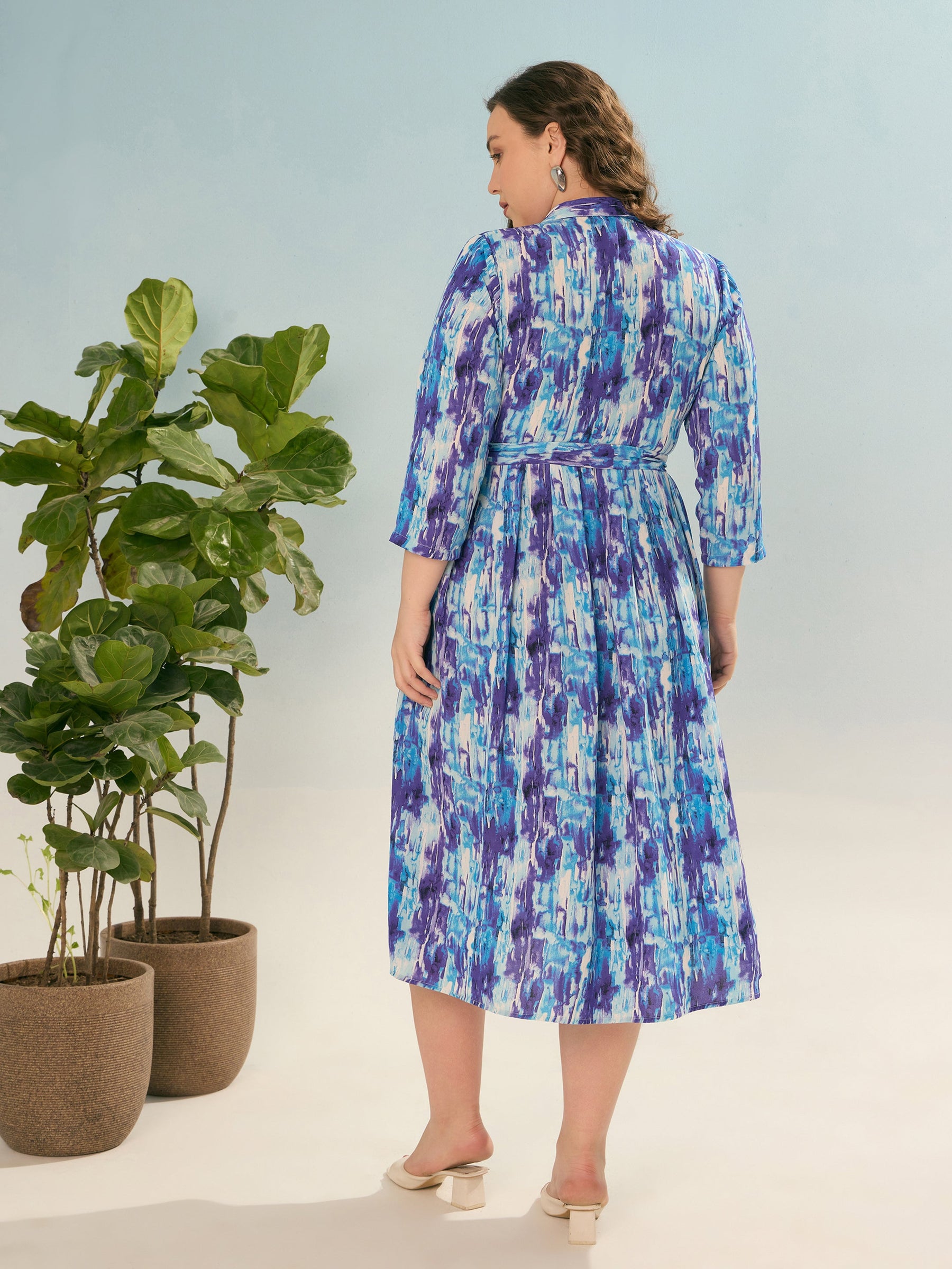 Blue Printed Belted Midi Shirt Dress-SASSAFRAS Curve
