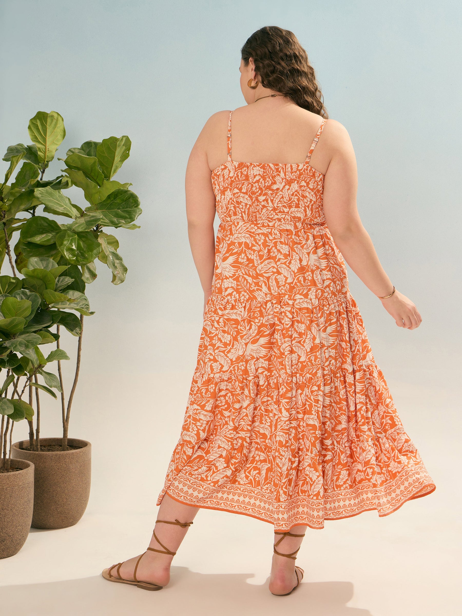 Orange & White Floral Strappy Tiered Maxi Dress-SASSAFRAS Curve
