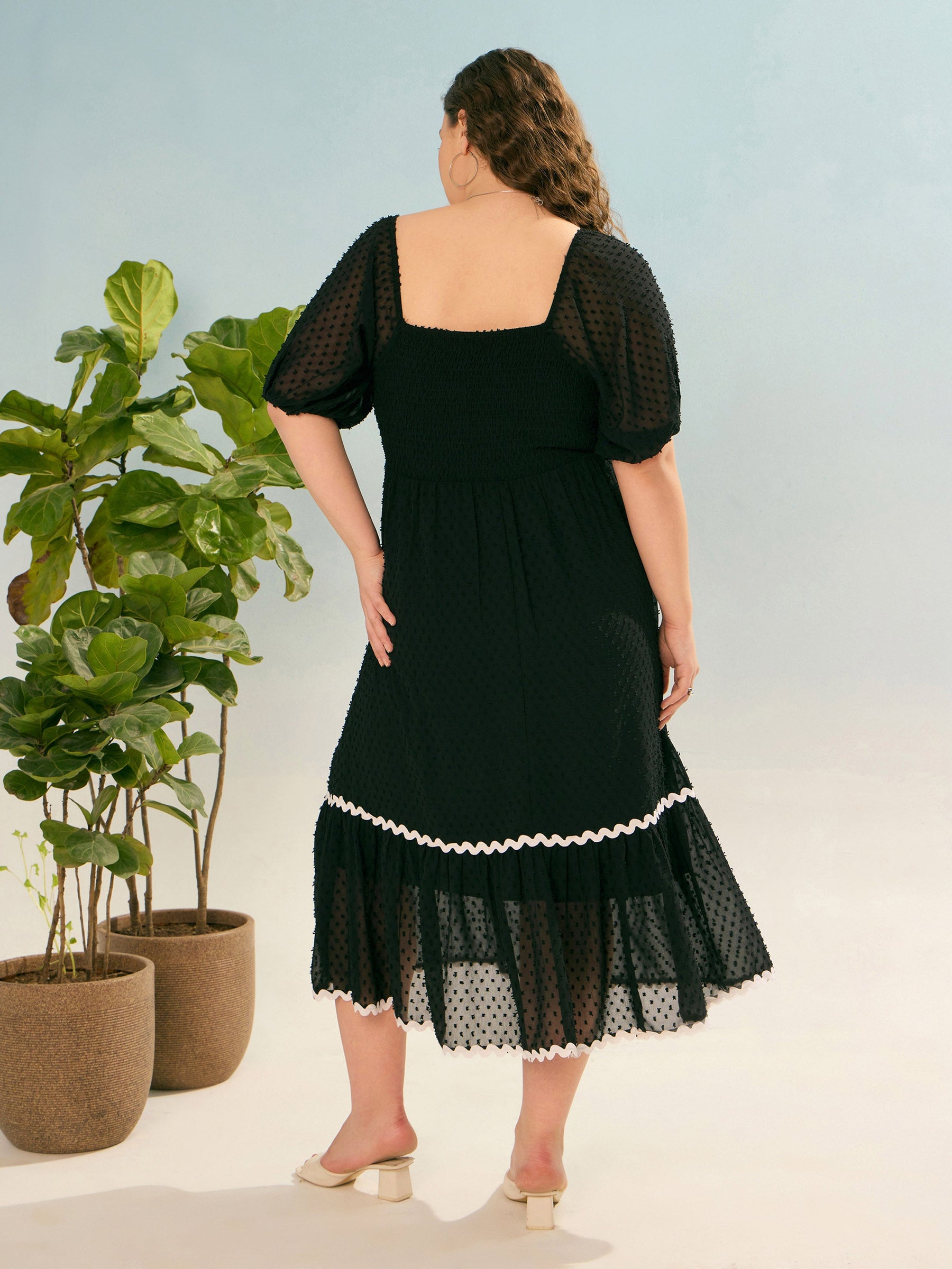 Black Dobby Back Smocking Midi Dress-SASSAFRAS Curve