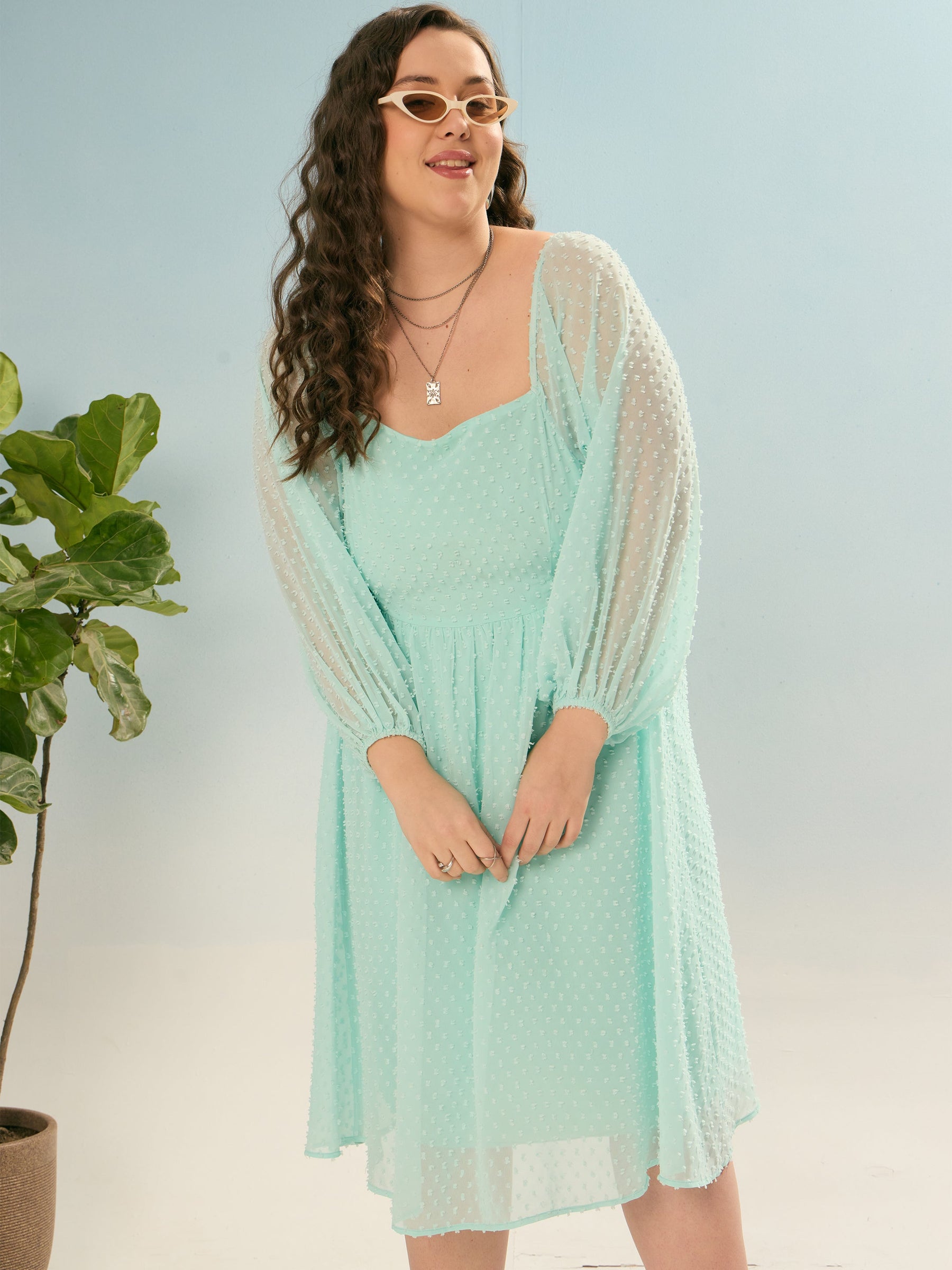 Sea Green Dobby Back Smocking Skater Dress-SASSAFRAS Curve