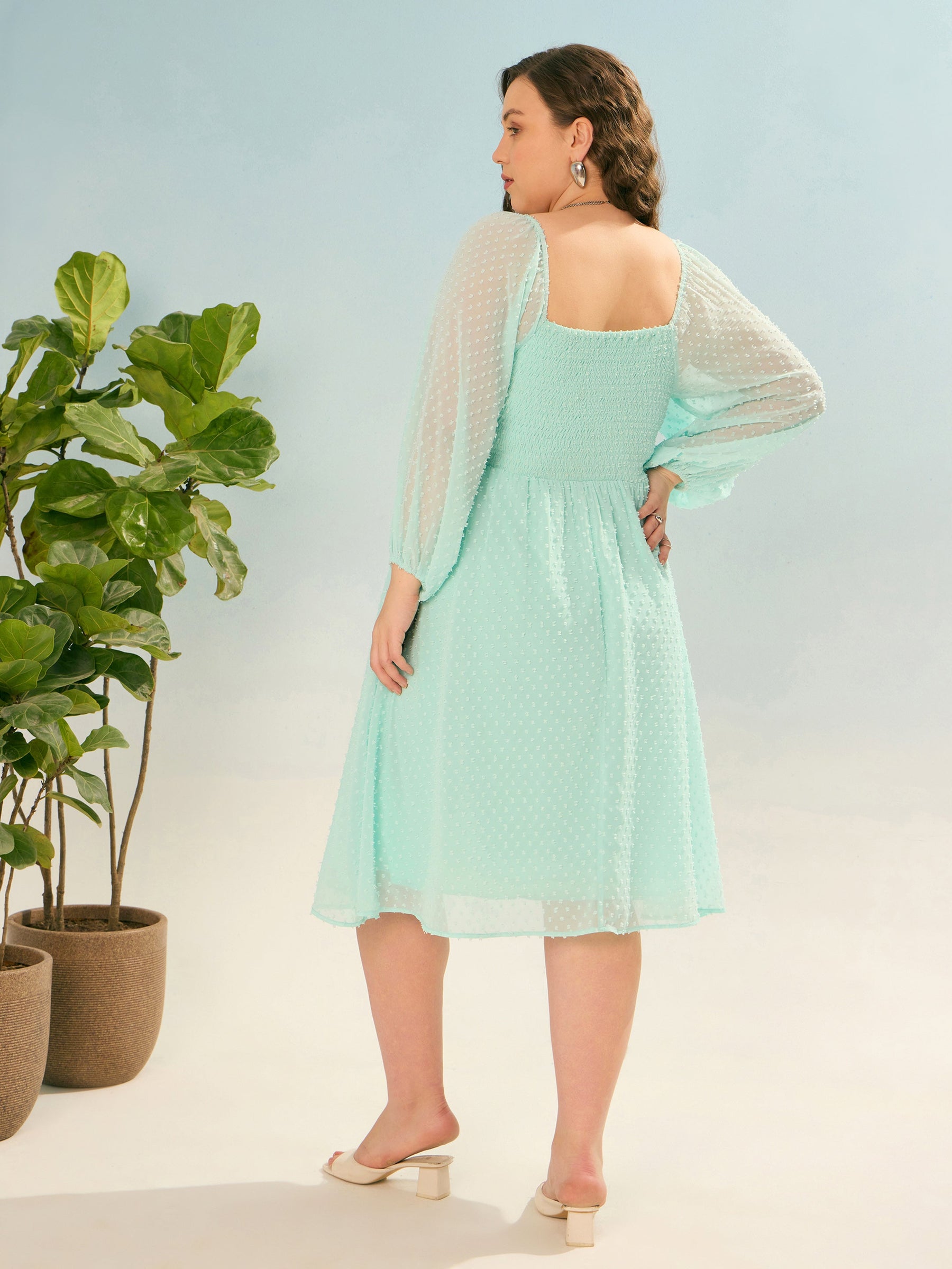 Sea Green Dobby Back Smocking Skater Dress-SASSAFRAS Curve