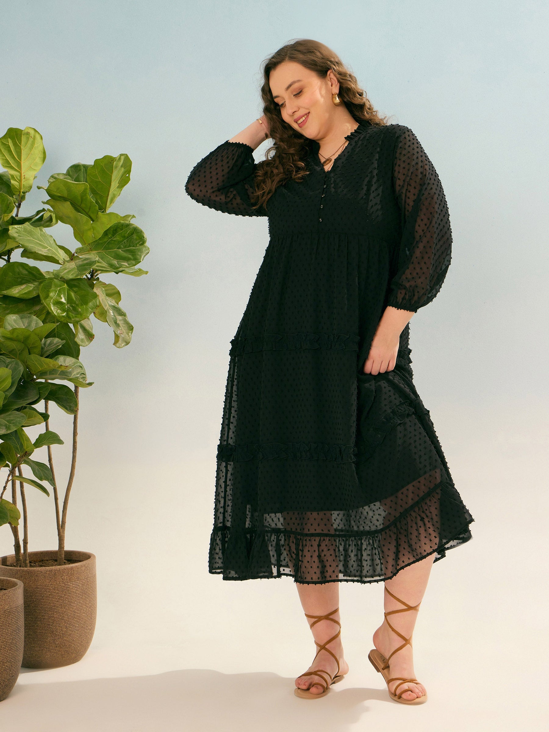 Black Dobby V Neck Tiered Maxi Dress-SASSAFRAS Curve