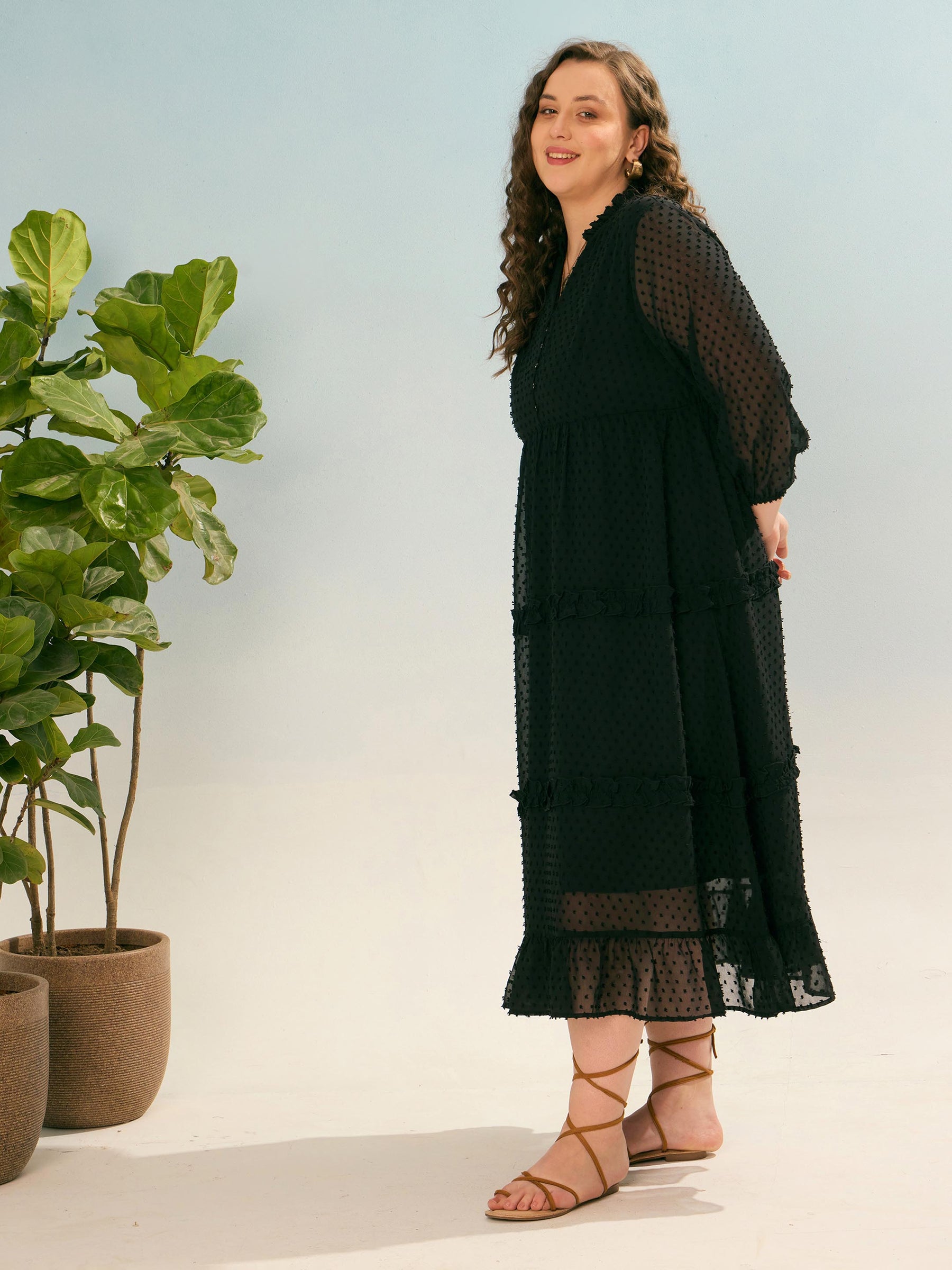 Black Dobby V Neck Tiered Maxi Dress-SASSAFRAS Curve