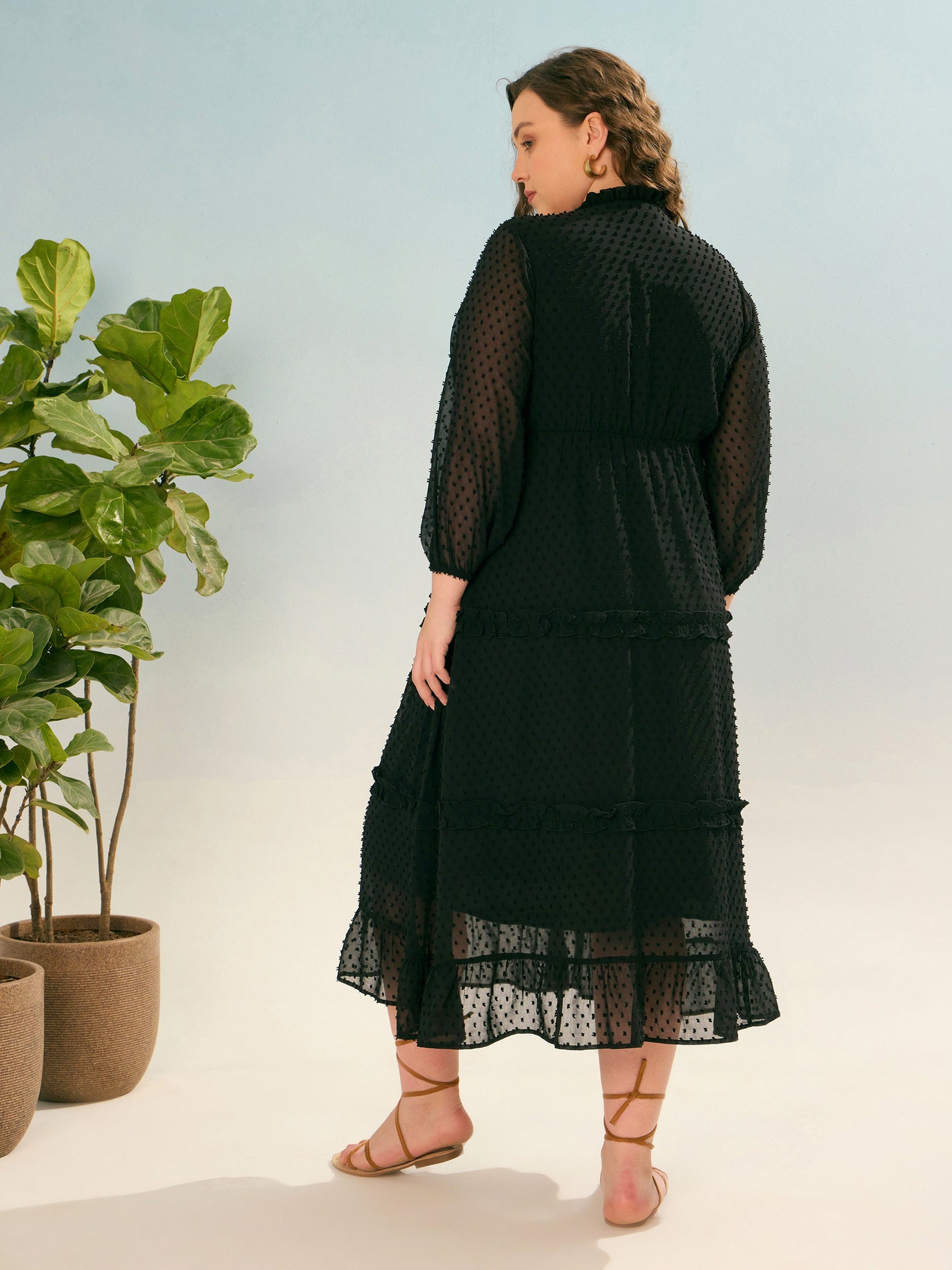 Black Dobby V Neck Tiered Maxi Dress-SASSAFRAS Curve