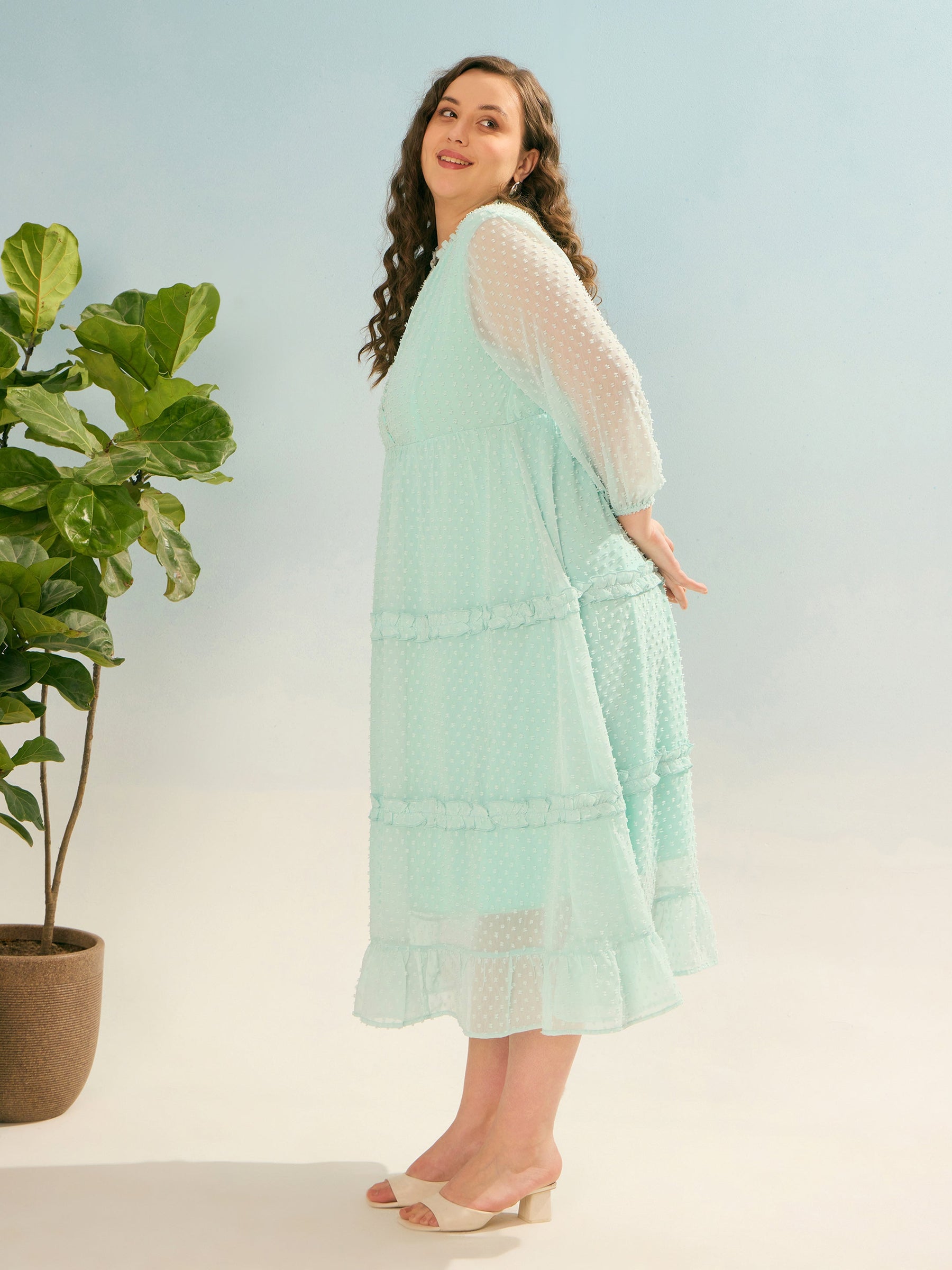 Sea Green Dobby V Neck Tiered Maxi Dress-SASSAFRAS Curve