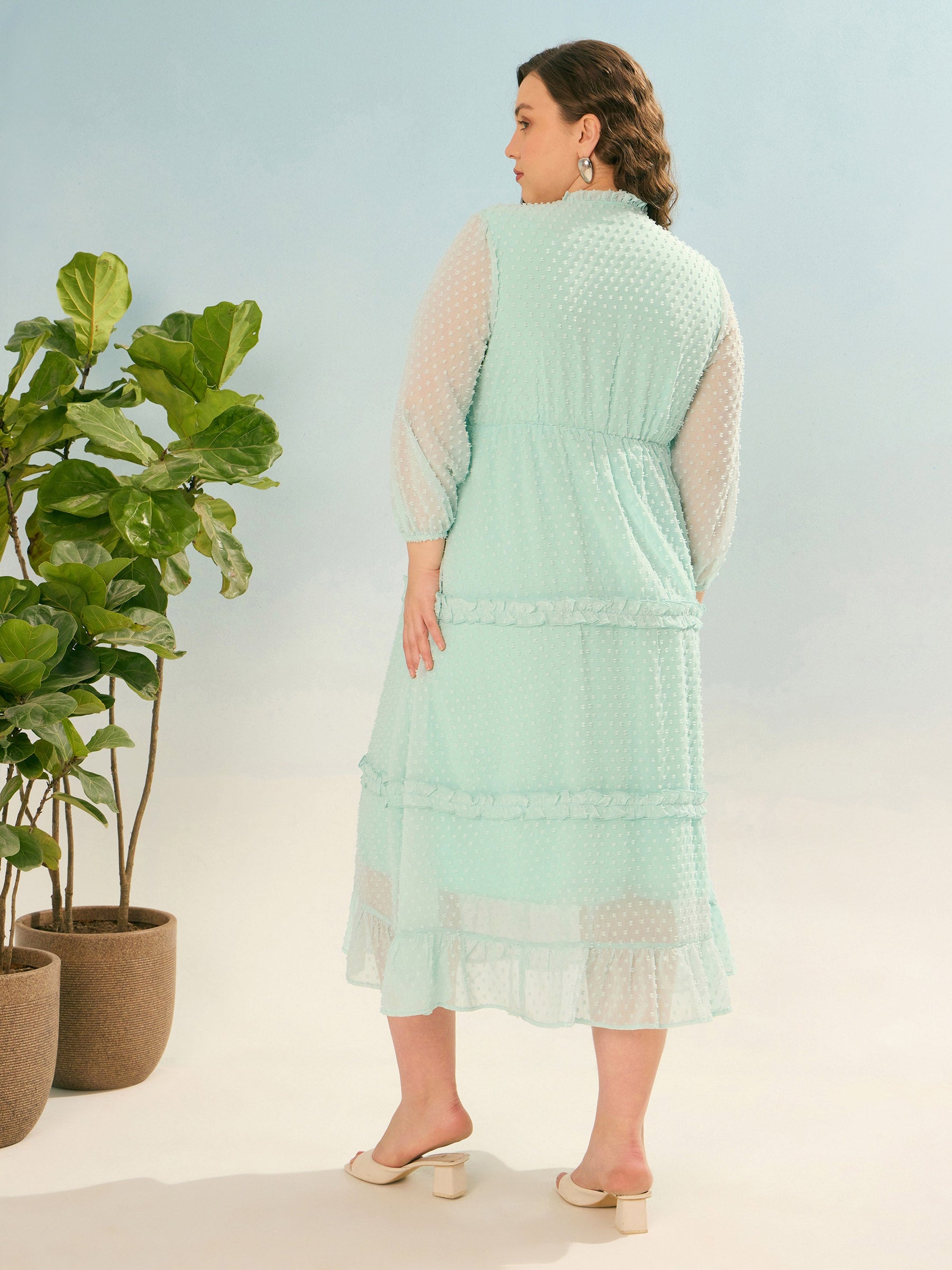 Sea Green Dobby V Neck Tiered Maxi Dress-SASSAFRAS Curve