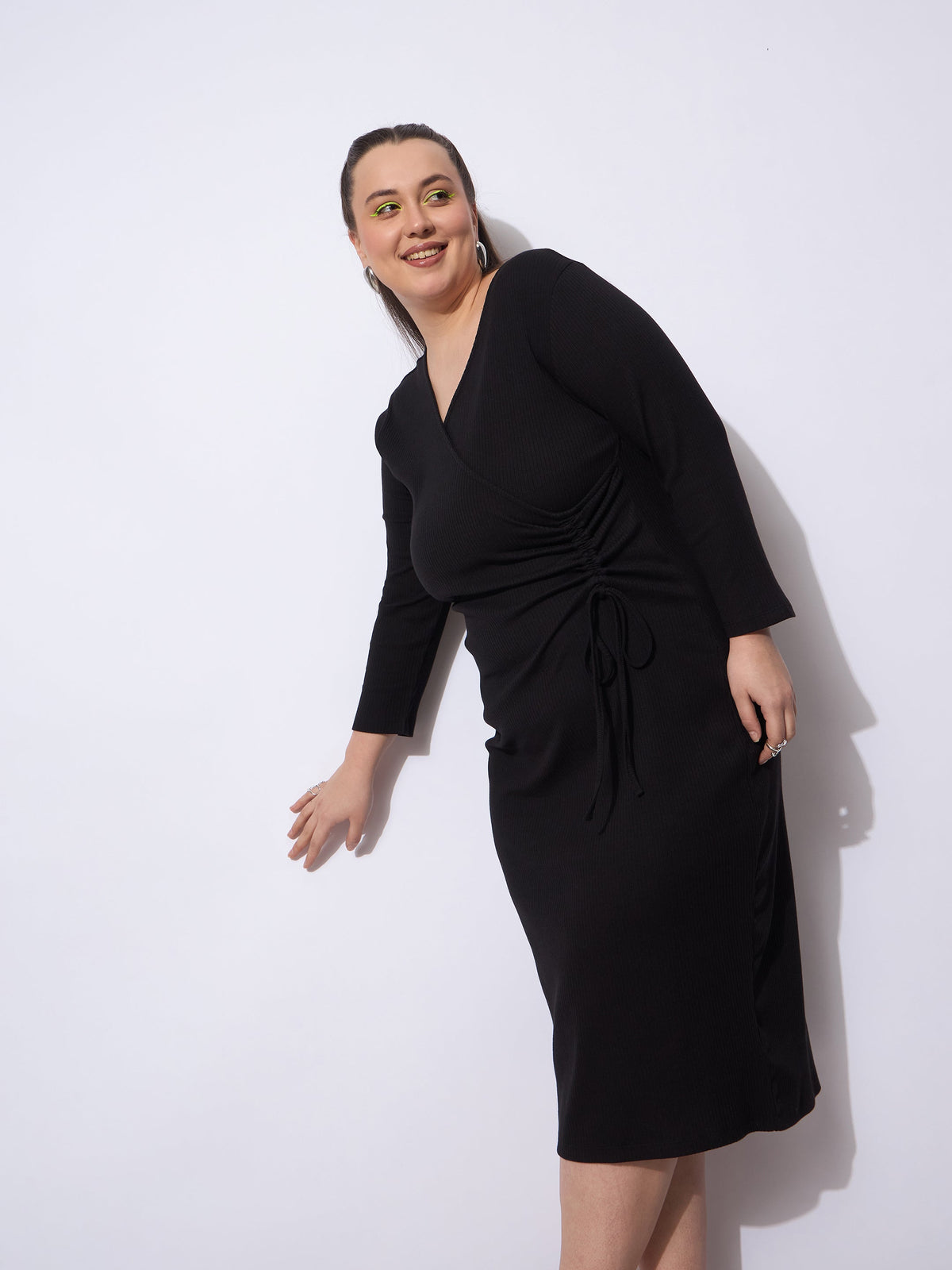 Black Rib Side Knot Rouching Midi Dress-SASSAFRAS Curve