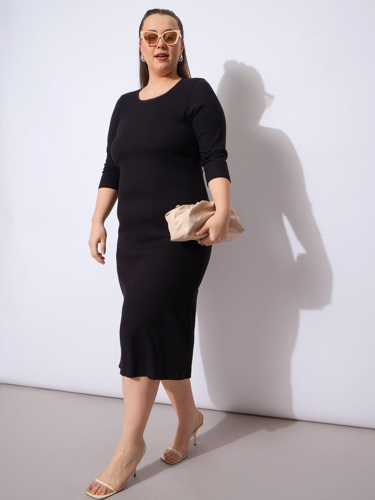 Black Rib Round Neck Midi Dress-SASSAFRAS Curve